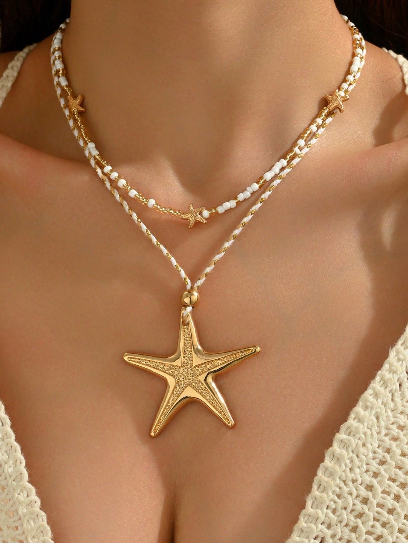 2pcs/Set Handmade Bohemian Style Starfish Mixed Color Seed Bead Choker Necklace, Fashion Versatile Large Starfish Pendant Braided Rope Necklace, Suitable For Daily Wear, Travel, Party