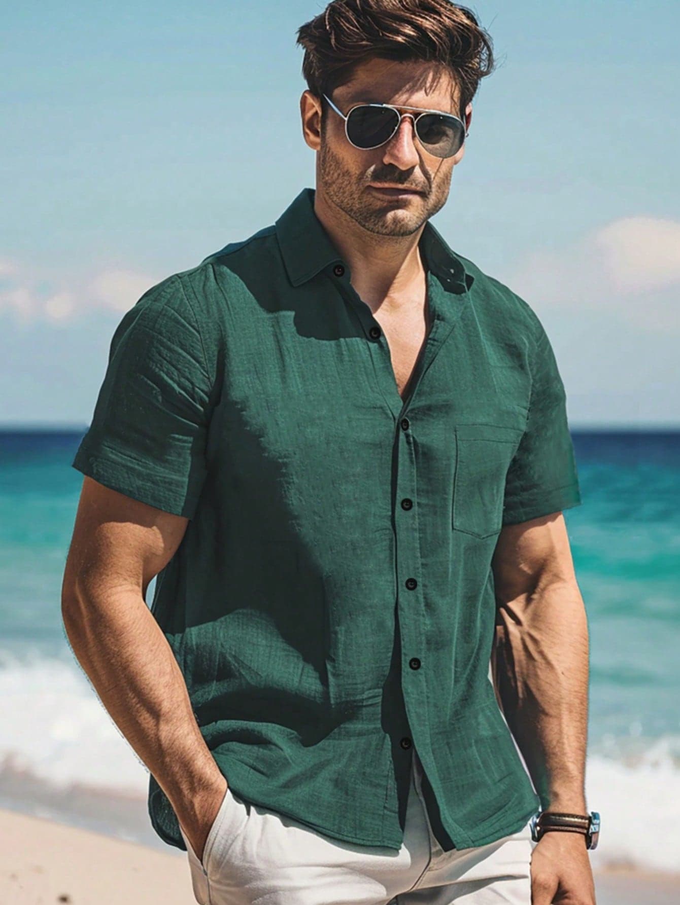 Men's Solid Color Casual Shirt, Short Sleeve Shacket, Olive Green, Fashion Hawaiian Resort Beach Shirt