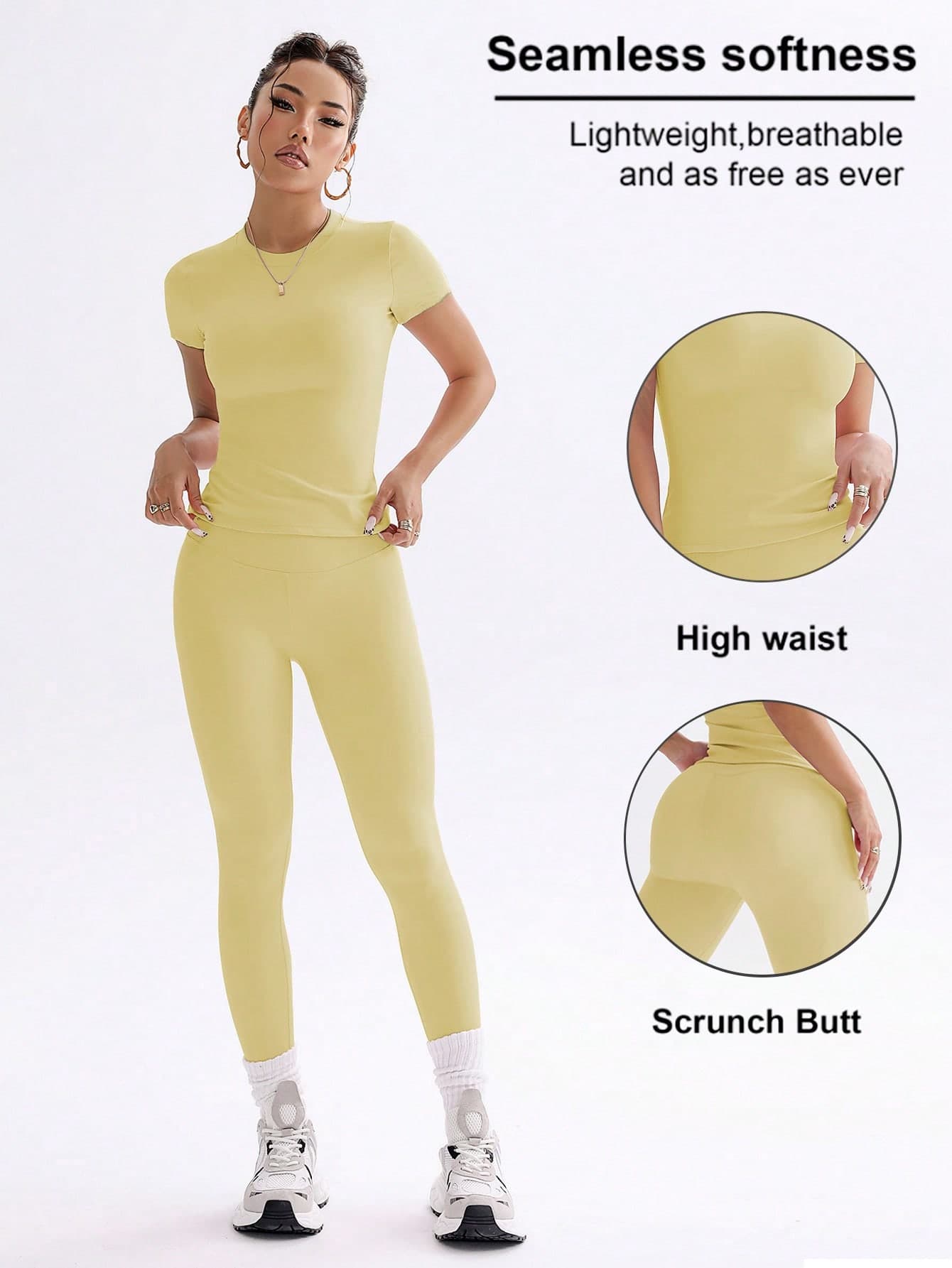 FWH Campus Style OOTD Sweet Girl Fitness Set, Sweet & Cool Campus Fitness 2-Piece Set, Spring/Summer Stretchy Slim Fit Round Neck Sweet Fashion Sports