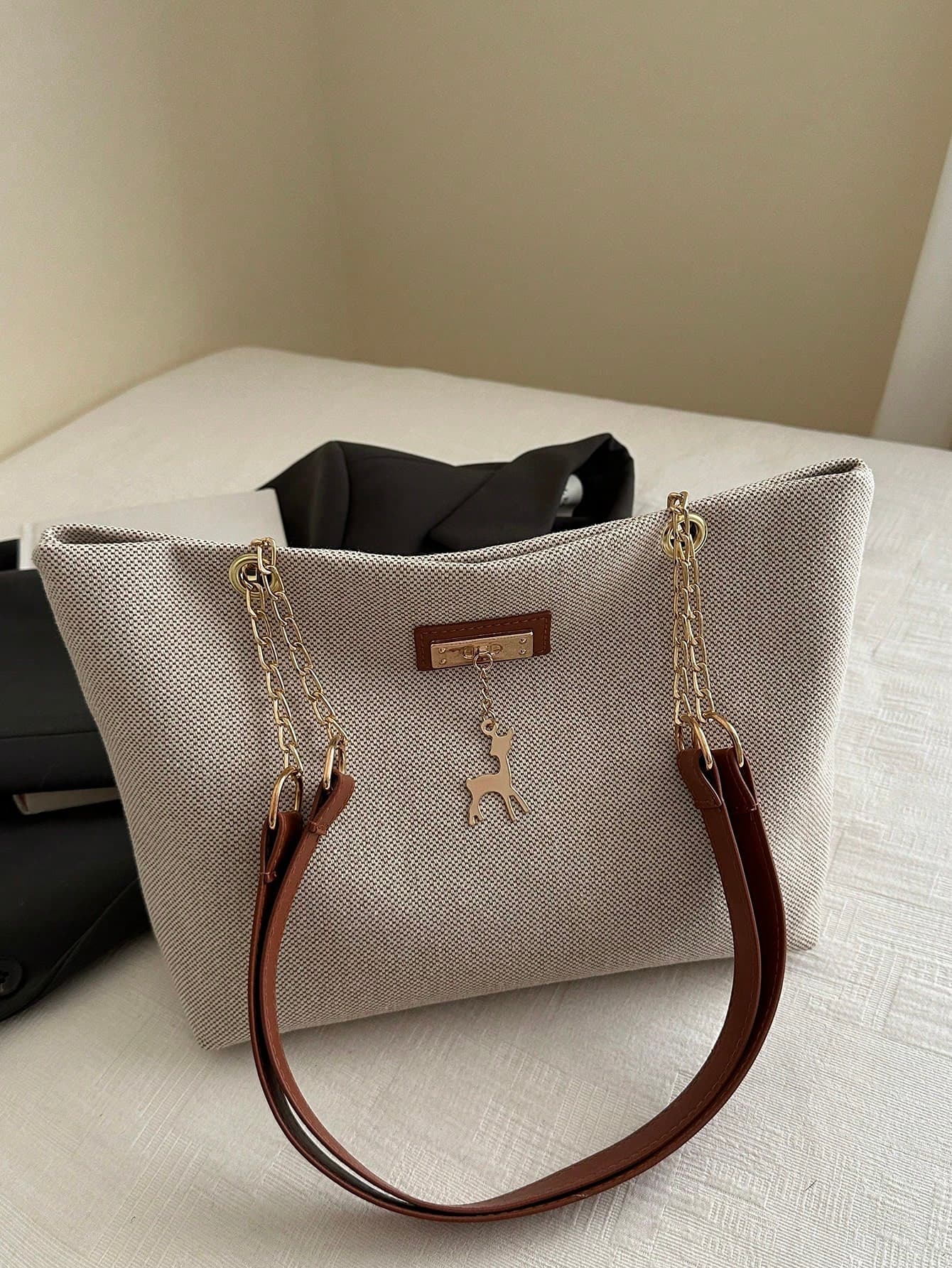 Fashionable Large Capacity Handbag For Women, Chic Chain Shoulder Bag, Underarm Bag, Retro Linen Tote Bag