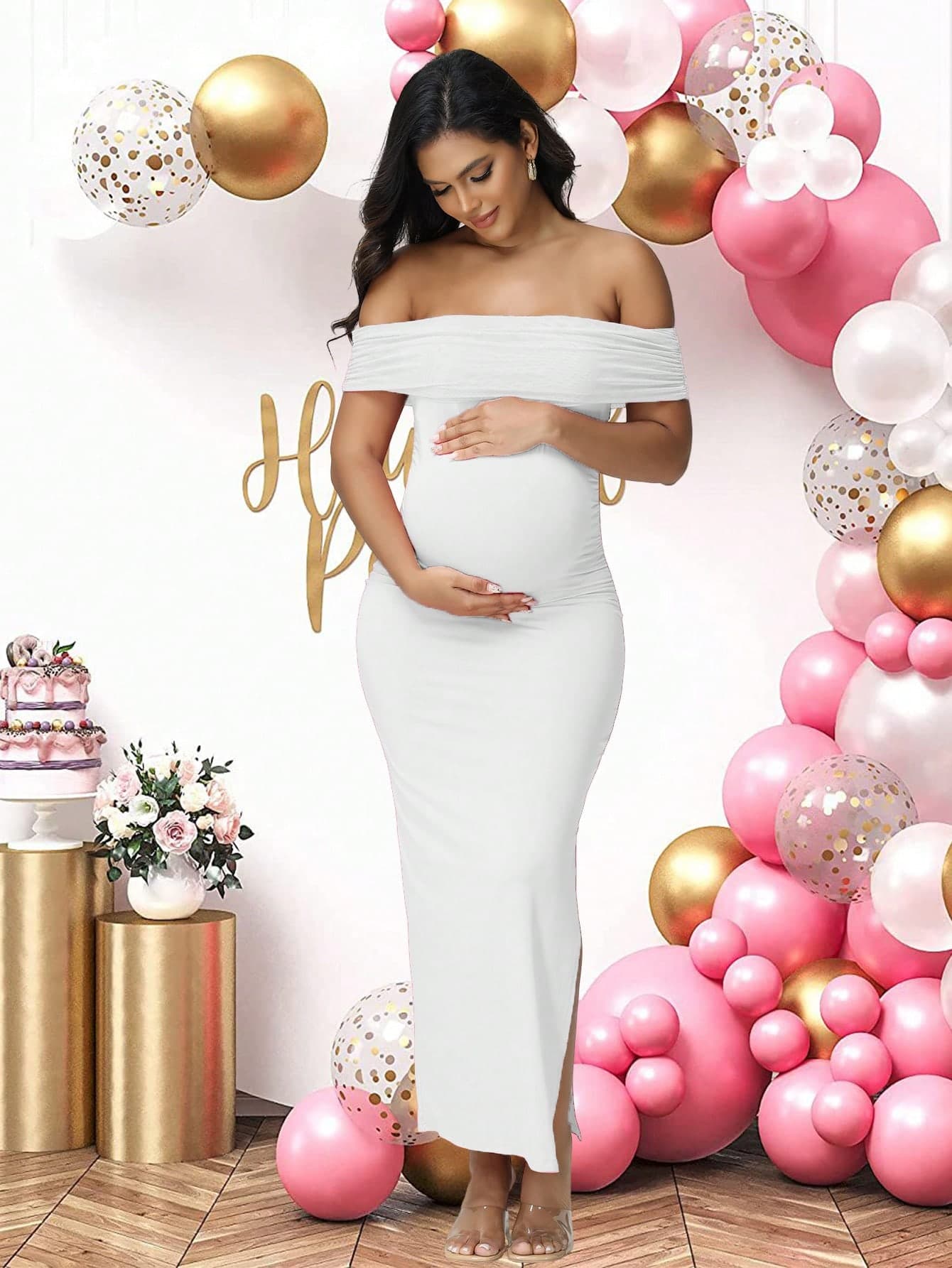 JustVH Maternity Off-Shoulder Mesh Elegant Summer Sleeveless Dress, Suitable For Baby Shower Photography White