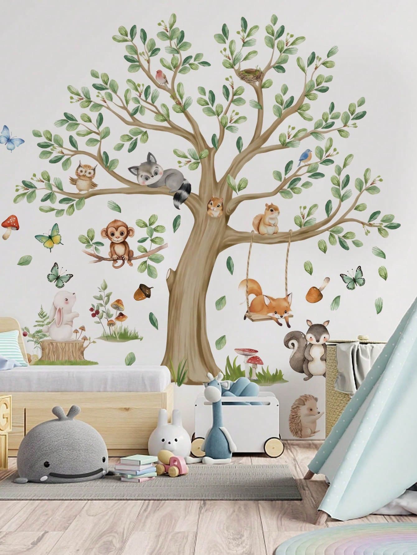 Large Tree Forest Animal Fox Rabbit Owl Wall Stickers, Home Wall Art Decor, Baby Nursery Bedroom Accessories, Cute Toddler Boys Girls Room Decor