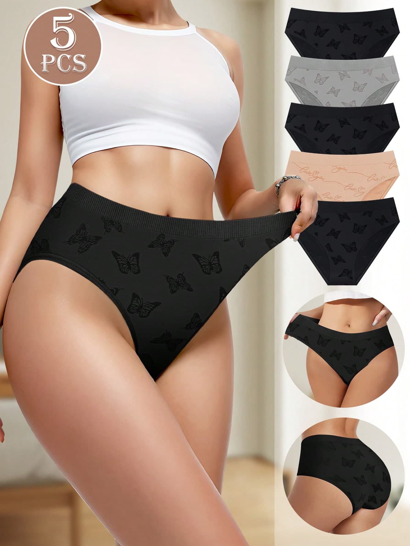 MEIYATING 5pcs/Pack Women's Seamless Ribbed Low-Rise Fashionable Printed Comfortable Panties