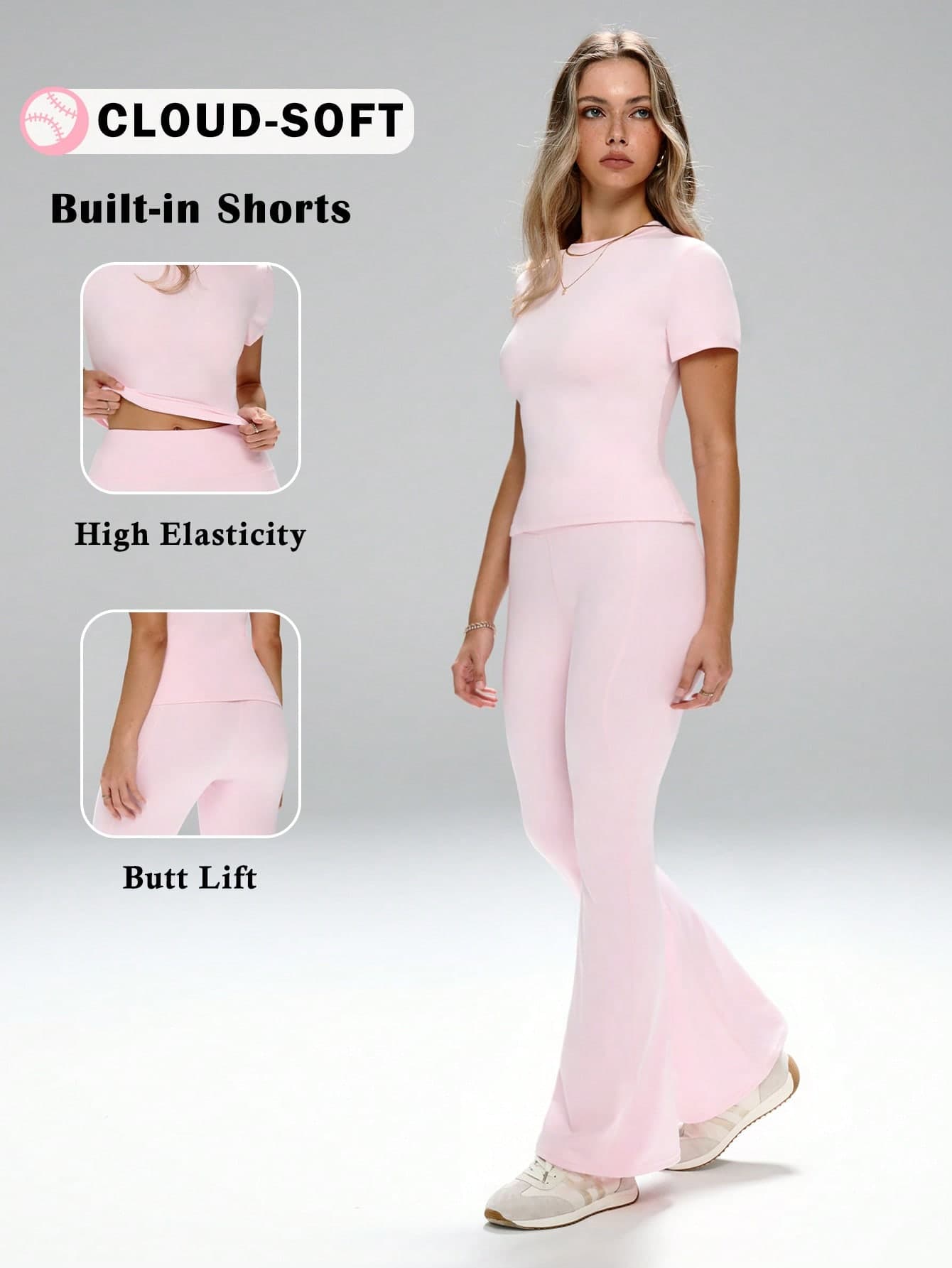 FWH Women's All-Match 2-Piece Set: Classic Design, Suitable For Outdoor Commuting, Office, Fitness And Yoga. Sweet And Elegant Soft Style, With A Slim Fit. Elastic Waist Fabric Effectively Slims The Waistline. Round Neck Short Sleeve Top Paired With High-Waisted Slimming Flare Sports Pants, Elongating The Leg Line.