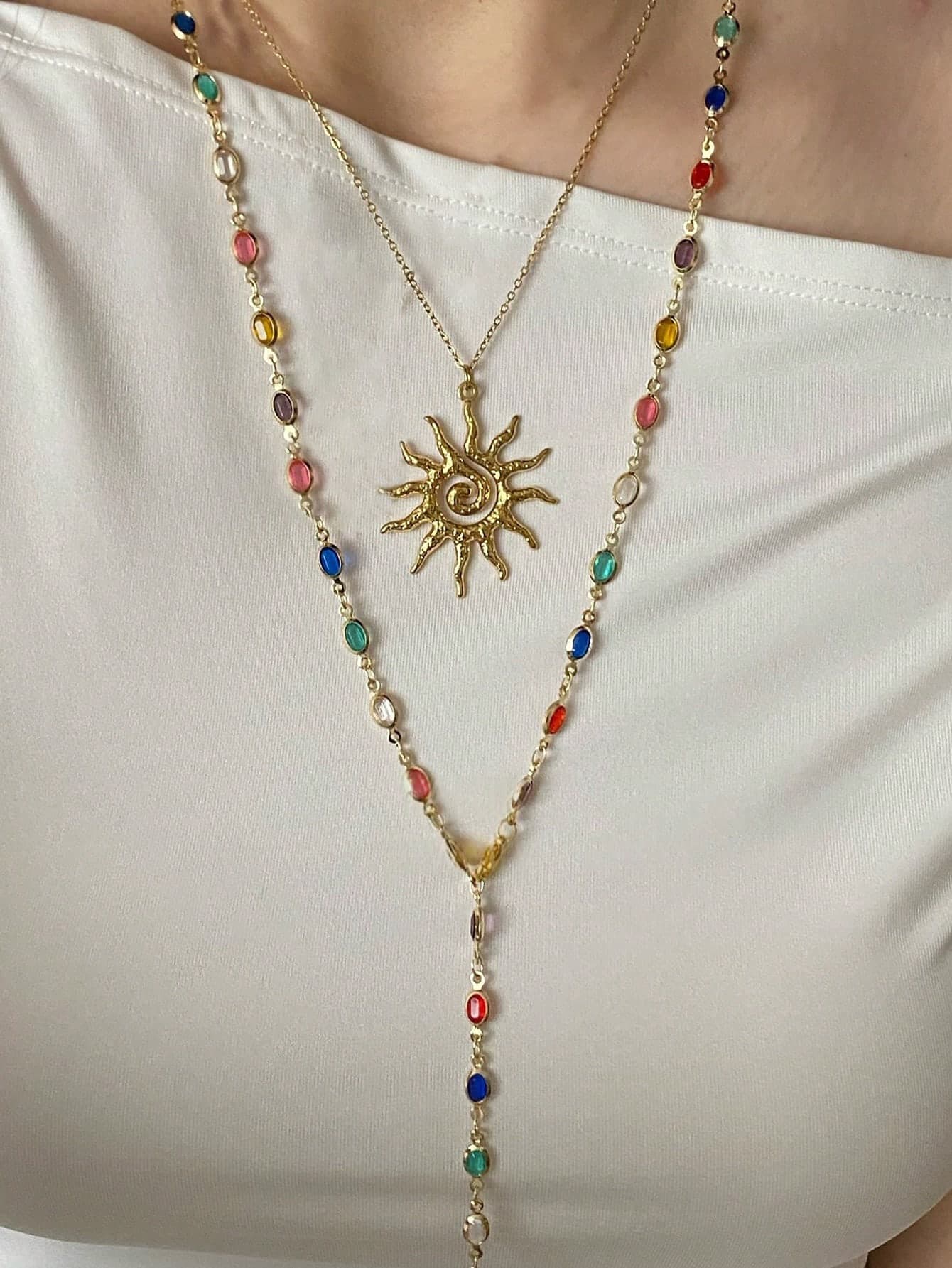 2pcs Elegant Colorful Glass Crystal Handmade Chain Necklace, Fashion Versatile Layered Wear Sun Pendant Choker Necklace For Women, Suitable For Daily Wear And Date Photo Shoot