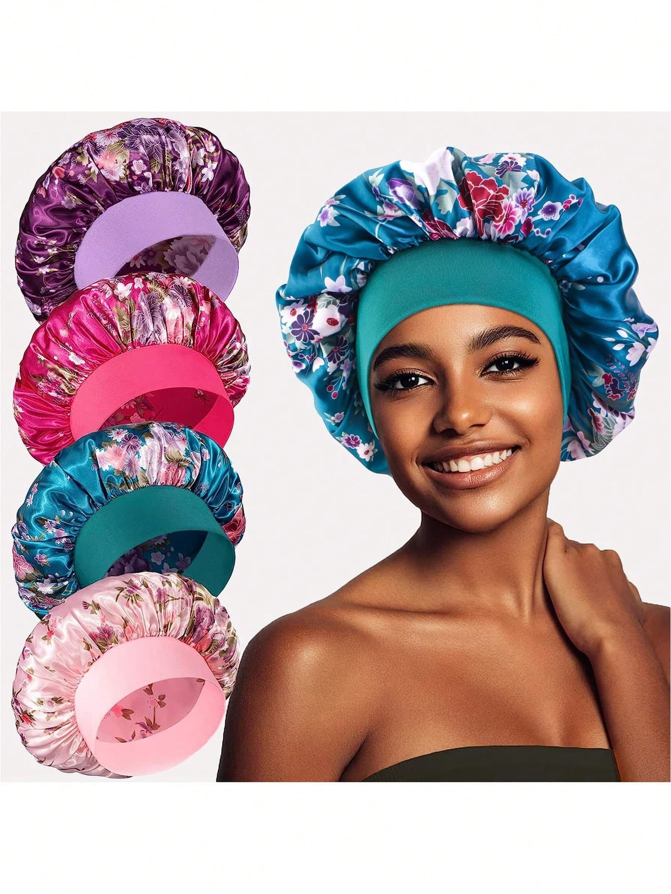 4pcs Women's Multi-Color Satin Wide-Brim Sleep Cap/Hair Cap, Suitable For Daily Use,Summer,Beach,Hat