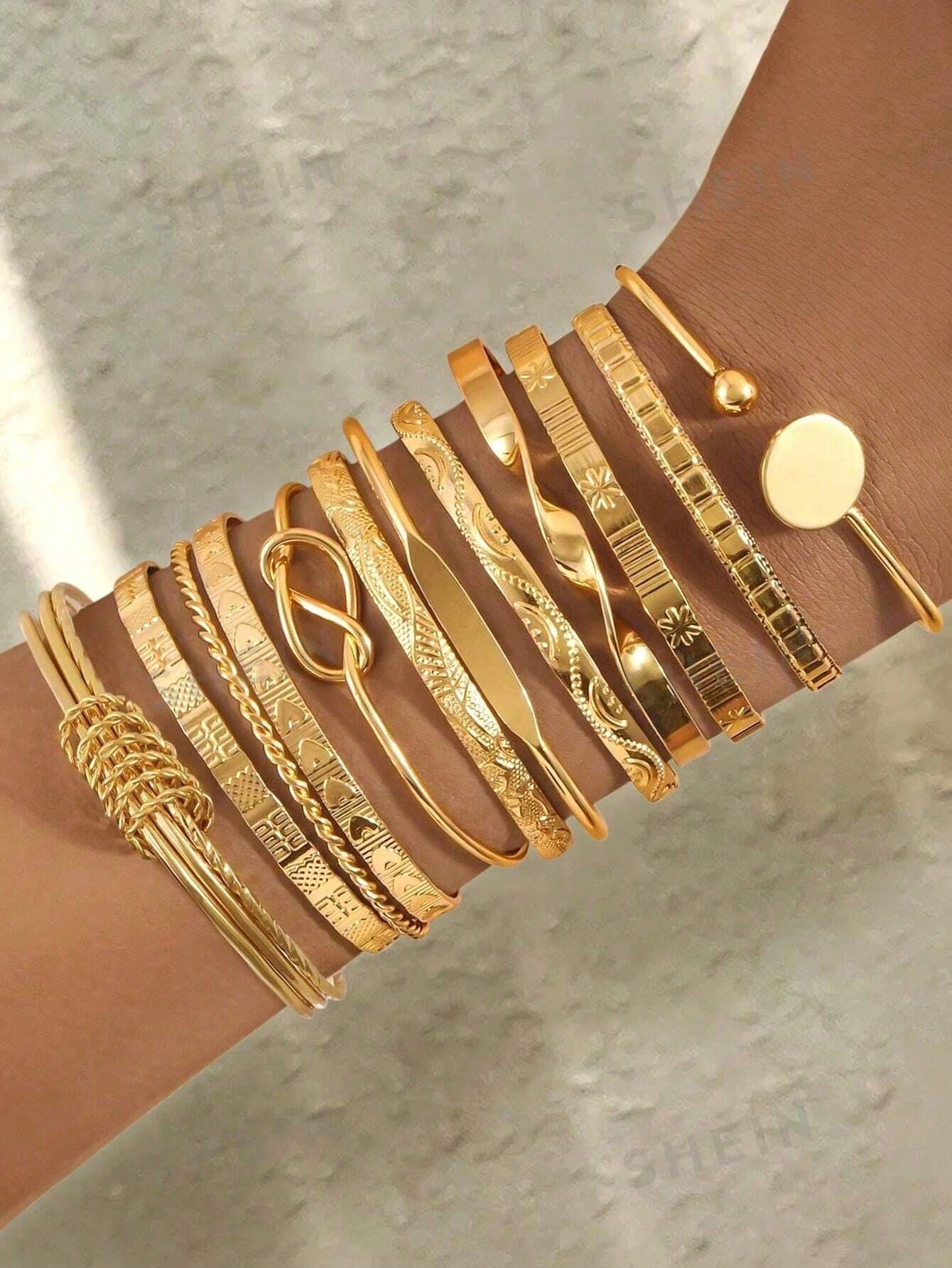12/7/5pcs Set Textured Chunky Star Floral Pattern Twisted Geometric Round Disc & Bead Multi-Layer Wavy Metal Chunky Bangle Bracelet Set, Fashion Elegant Vintage Design, Suitable For Holiday, Party, Date, Gift, Daily Wear