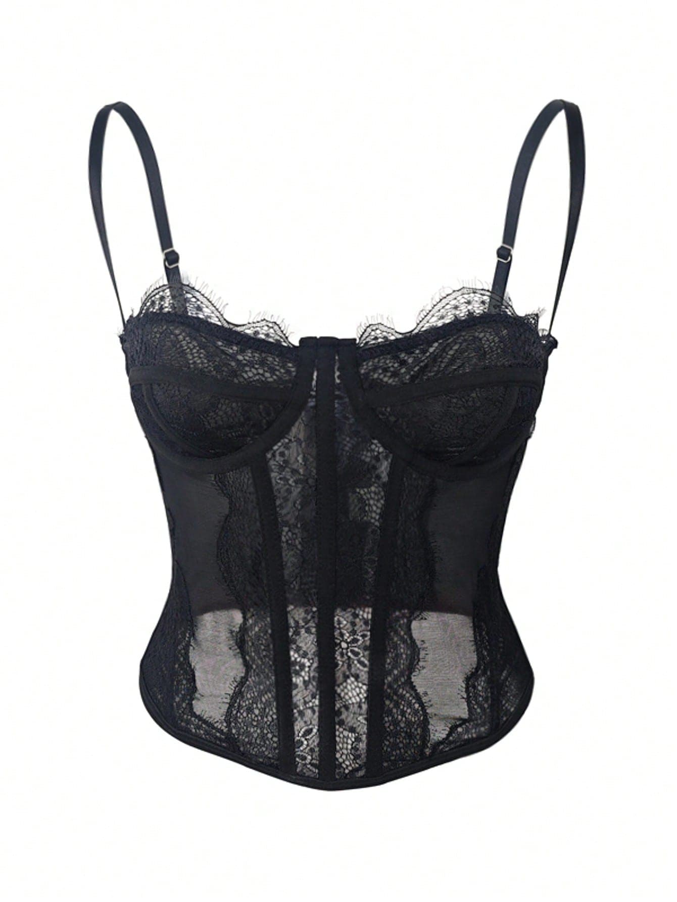 RAHQ 1pc Women's Fashionable Lace Trim Tight Fitting Bustier Crop Top, Sexy Bodycon Camisole Top Corset Top, Suitable For Party, Travel, Gathering, Christmas, Valentine's Day, Halloween Casual Black Summer