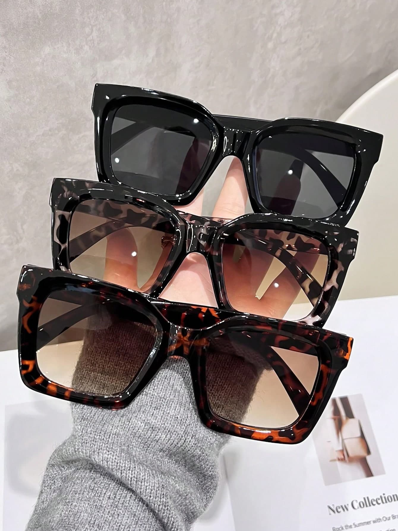 3 Pairs Women's Plastic Large Frame Bohemian Black Leopard Print Fashion Glasses Set, Suitable For Daily Wear, Square Frames
