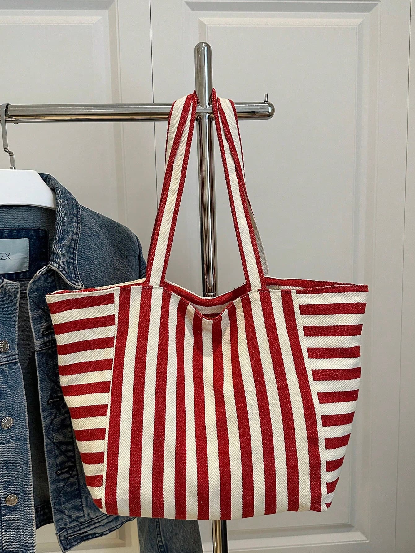 Fashionable Retro Striped Canvas Tote Bag, Large Capacity, Versatile Use, Ideal For Work, School Or Outdoor Activities, Can Be Used As Backpack, Canvas Bag Or Beach Bag, Summer Outfits