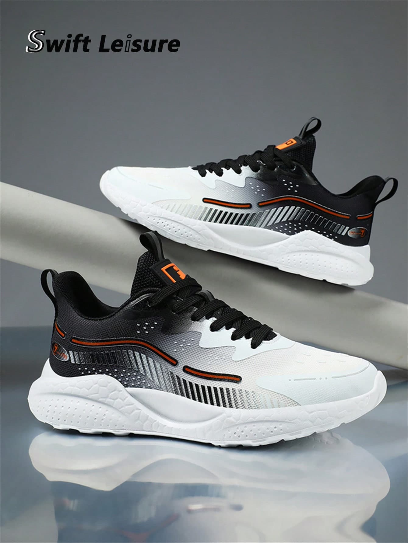 Men's Fashionable Classic Black & White Lace-Up Comfortable Sports Shoes, Stylish Color Block Mesh Running Casual Sneakers