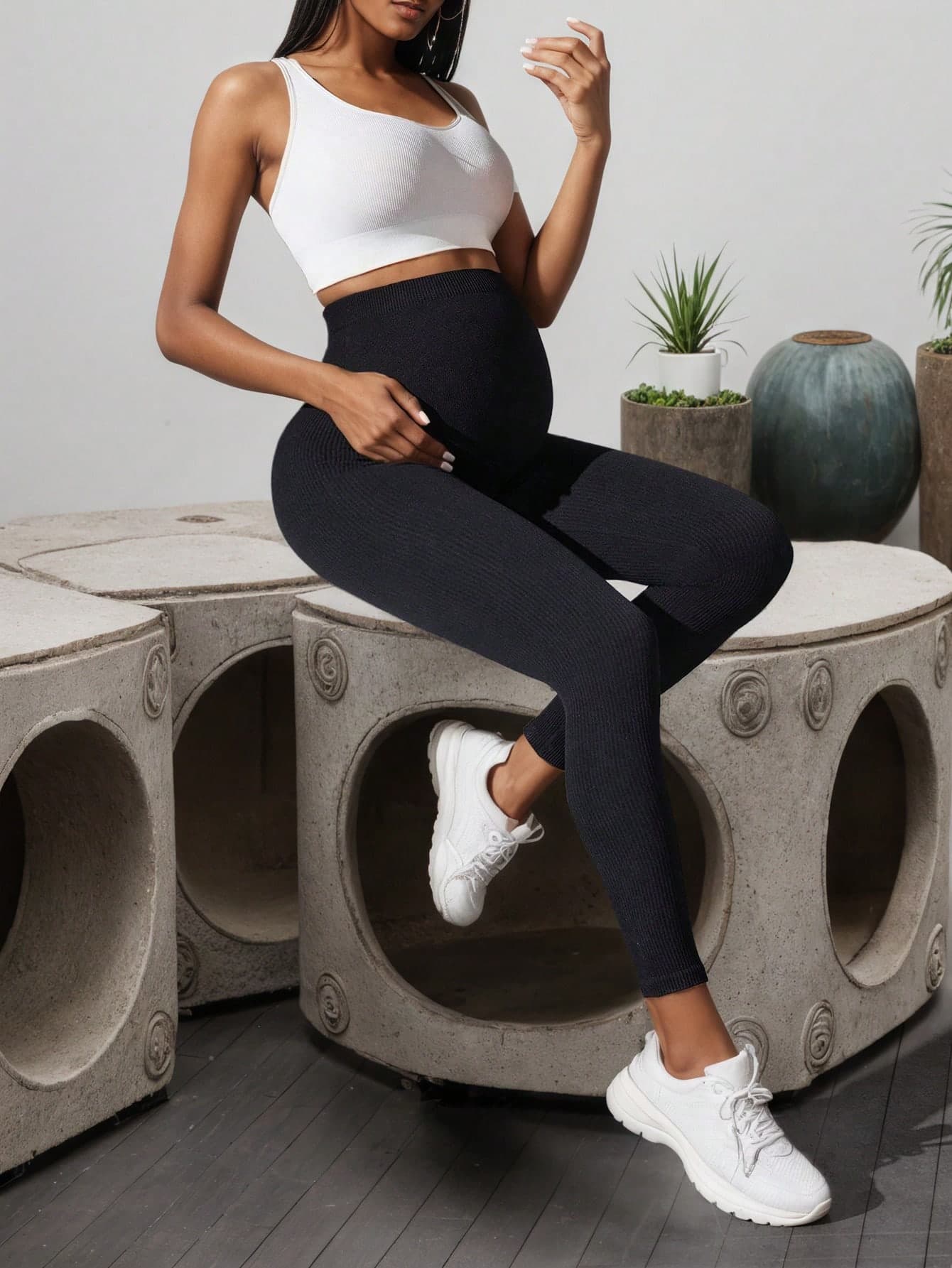Maternity Solid Color High Waist Ribbed Slim Casual Pants Black Spring Summer