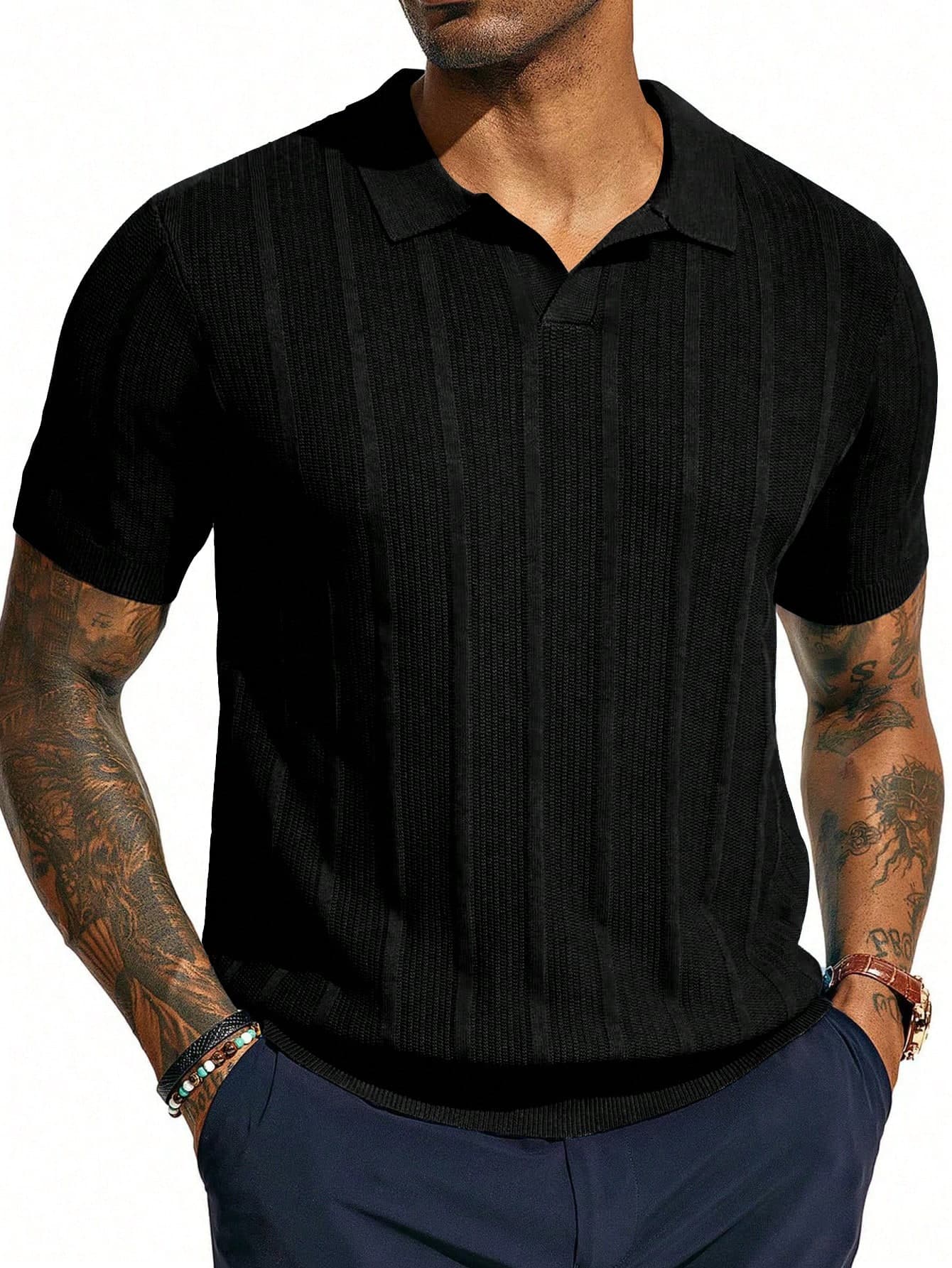Men's Short Sleeve Knit Polo Shirt, Textured Vertical Stripe Casual Pullover Sweater Polo Top For Business Casual, Vacation, And Daily Wear