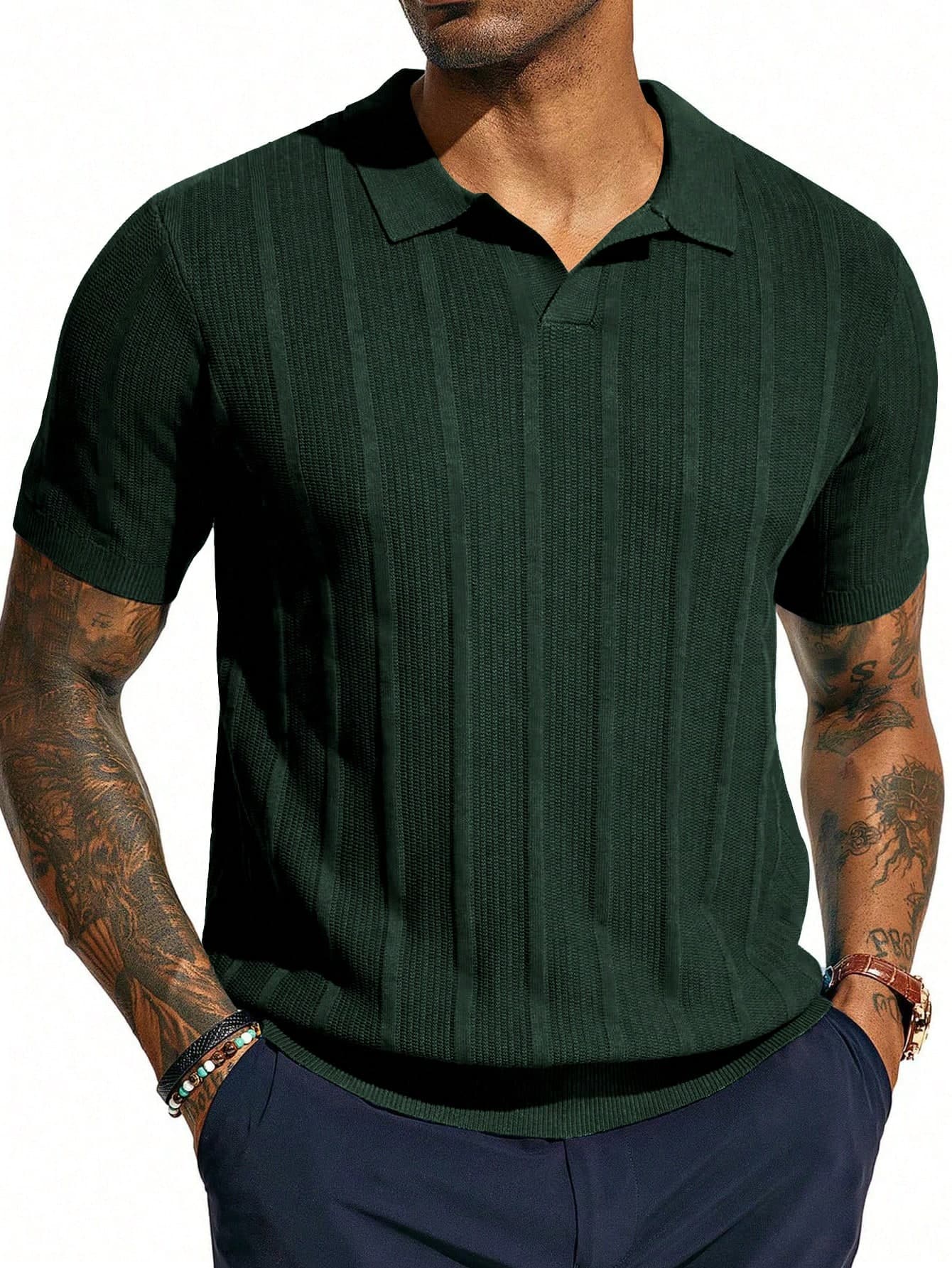 Men's Short Sleeve Knit Polo Shirt, Textured Vertical Stripe Casual Pullover Sweater Polo Top For Business Casual, Vacation, And Daily Wear