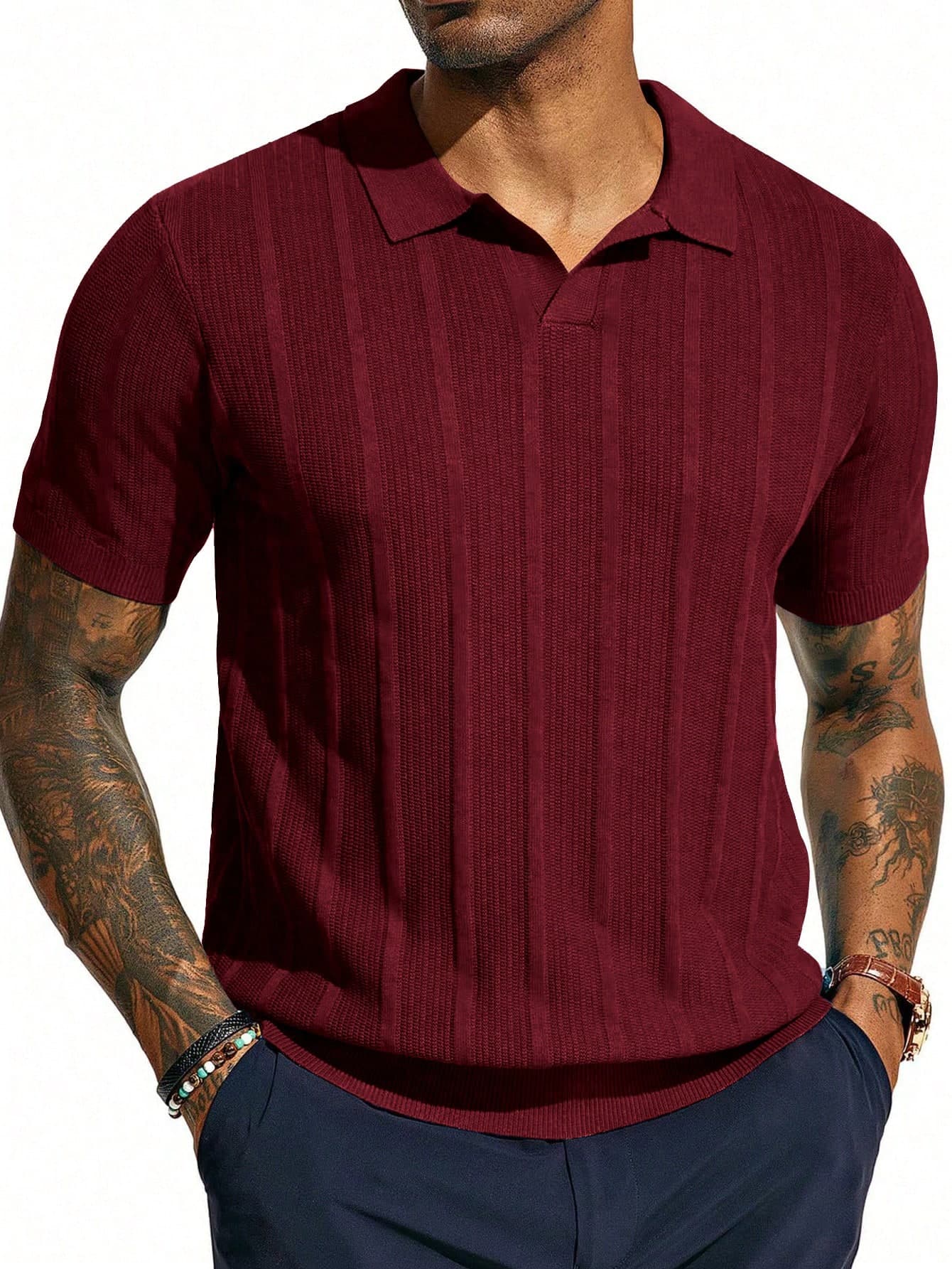 Men's Short Sleeve Knit Polo Shirt, Textured Vertical Stripe Casual Pullover Sweater Polo Top For Business Casual, Vacation, And Daily Wear