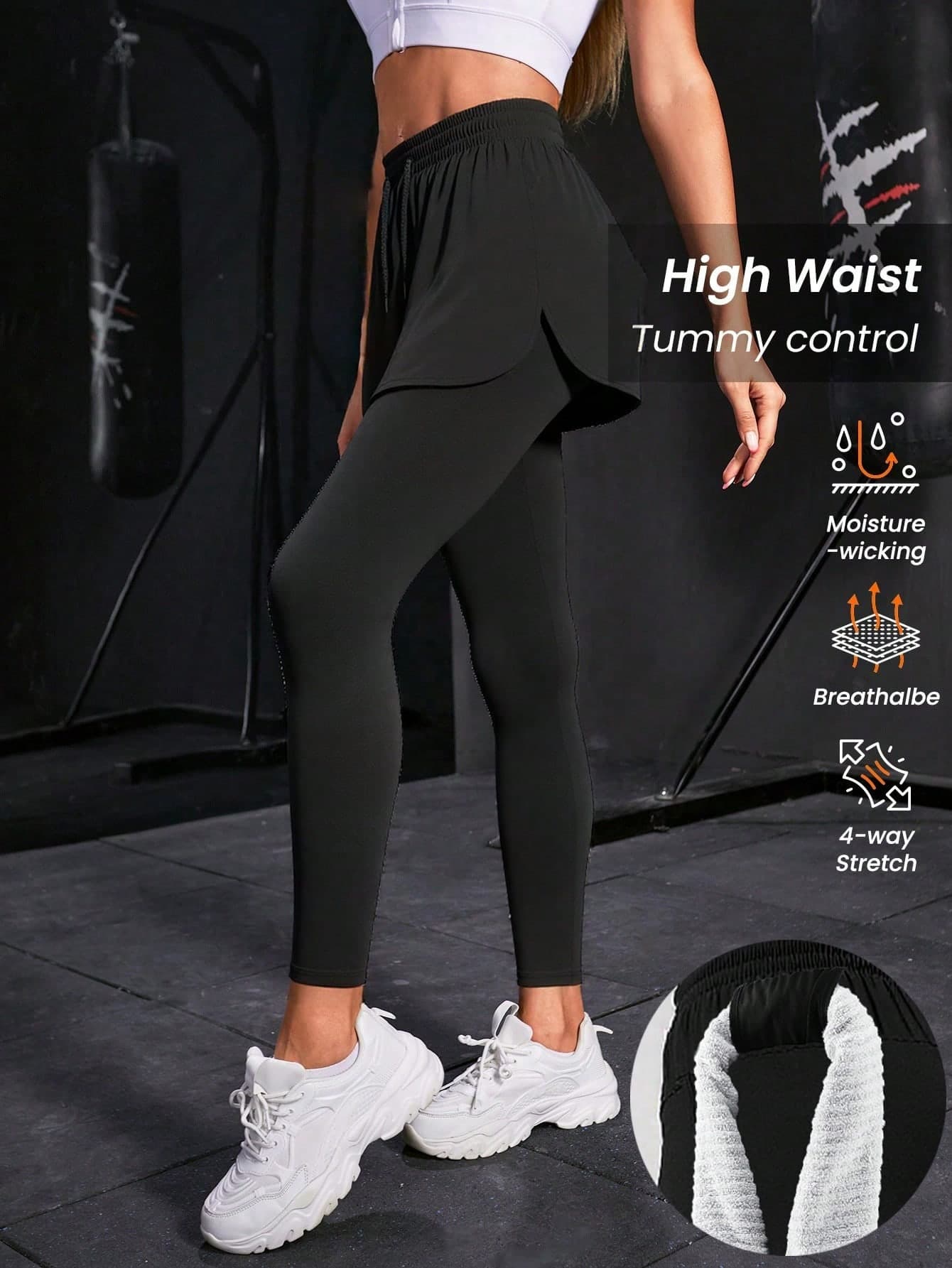 Women's Workout Fitness 2 In 1 Outdoor Pants , Fashionable Sports Tight Pants With Shorts, Suitable For Yoga, Running, Gym, Autumn Sports Fitness, Essential Black Spring