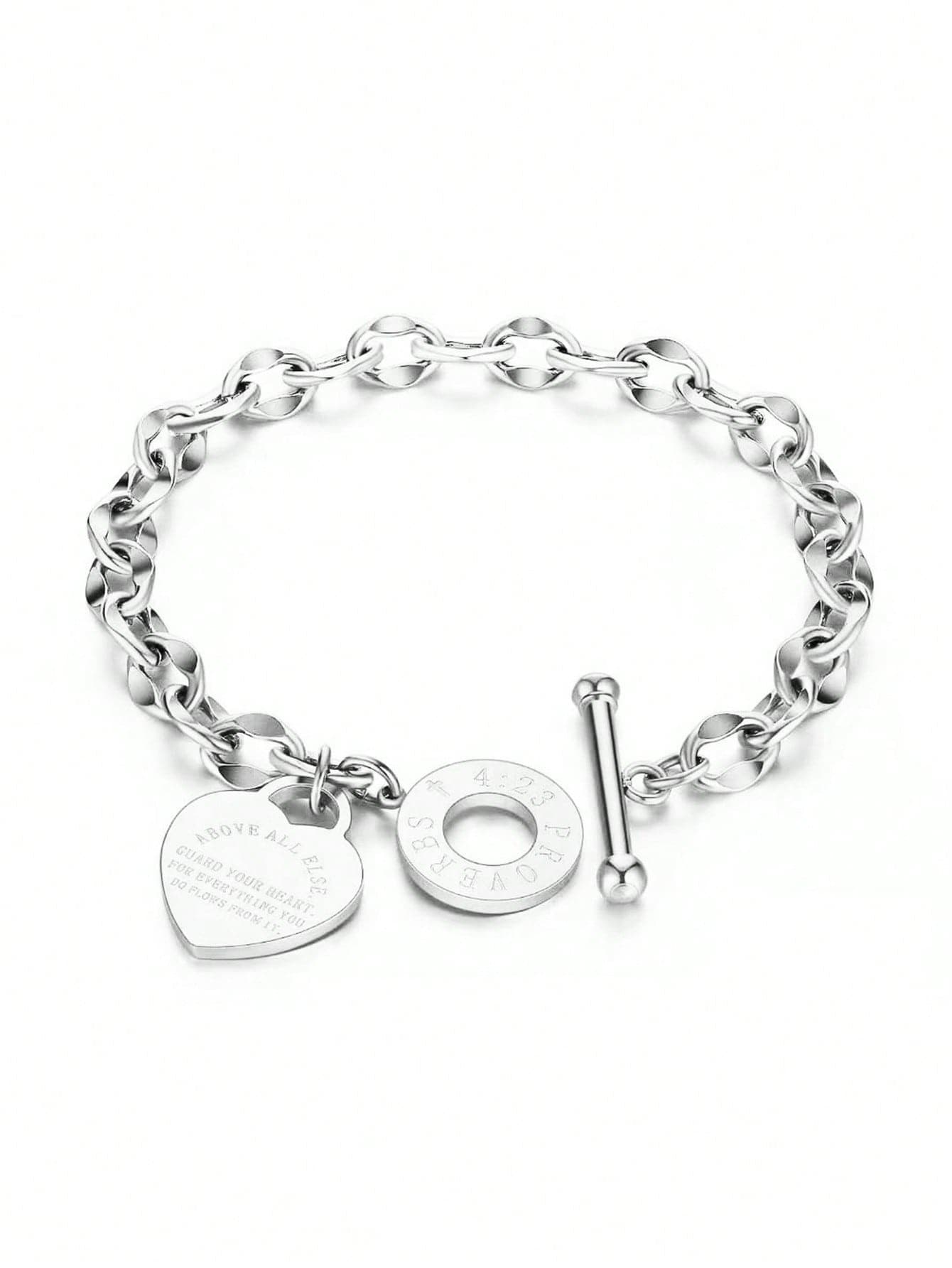 1pc Women's Stainless Steel Classic Heart-Shaped Engraved OT Clasp Lip Chain Bracelet, Suitable For Daily And Holiday Wear, Gift