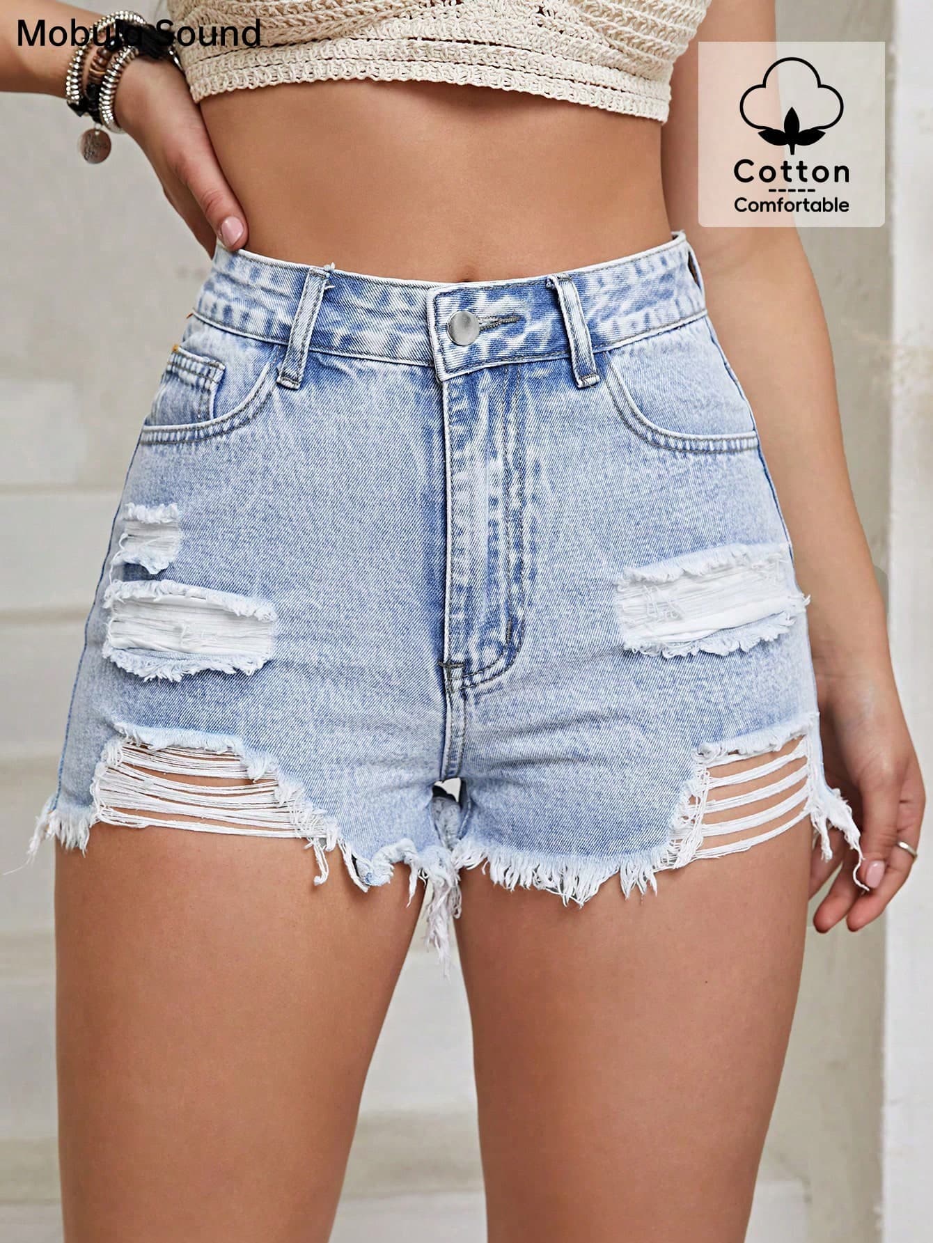 Mobula Sound#Versatile Casual Vacation Sexy Preppy Fashion Sexy Distressed Vintage Frayed Slimming Blue Women's Denim Shorts Summer