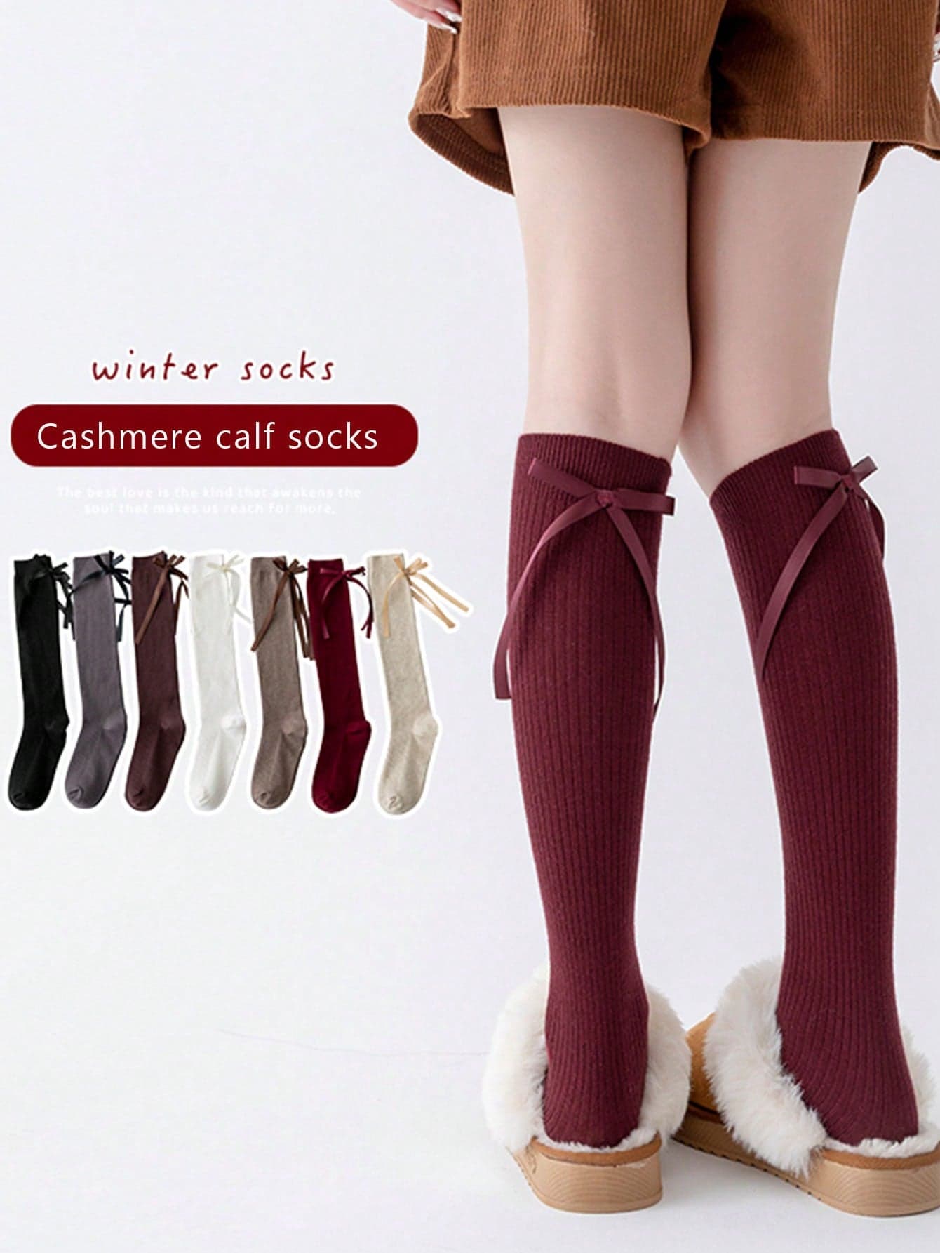 1 Pair Women's Autumn/Winter Knee-High Socks, Thick & Warm, Bow Decor, Red, Cozy