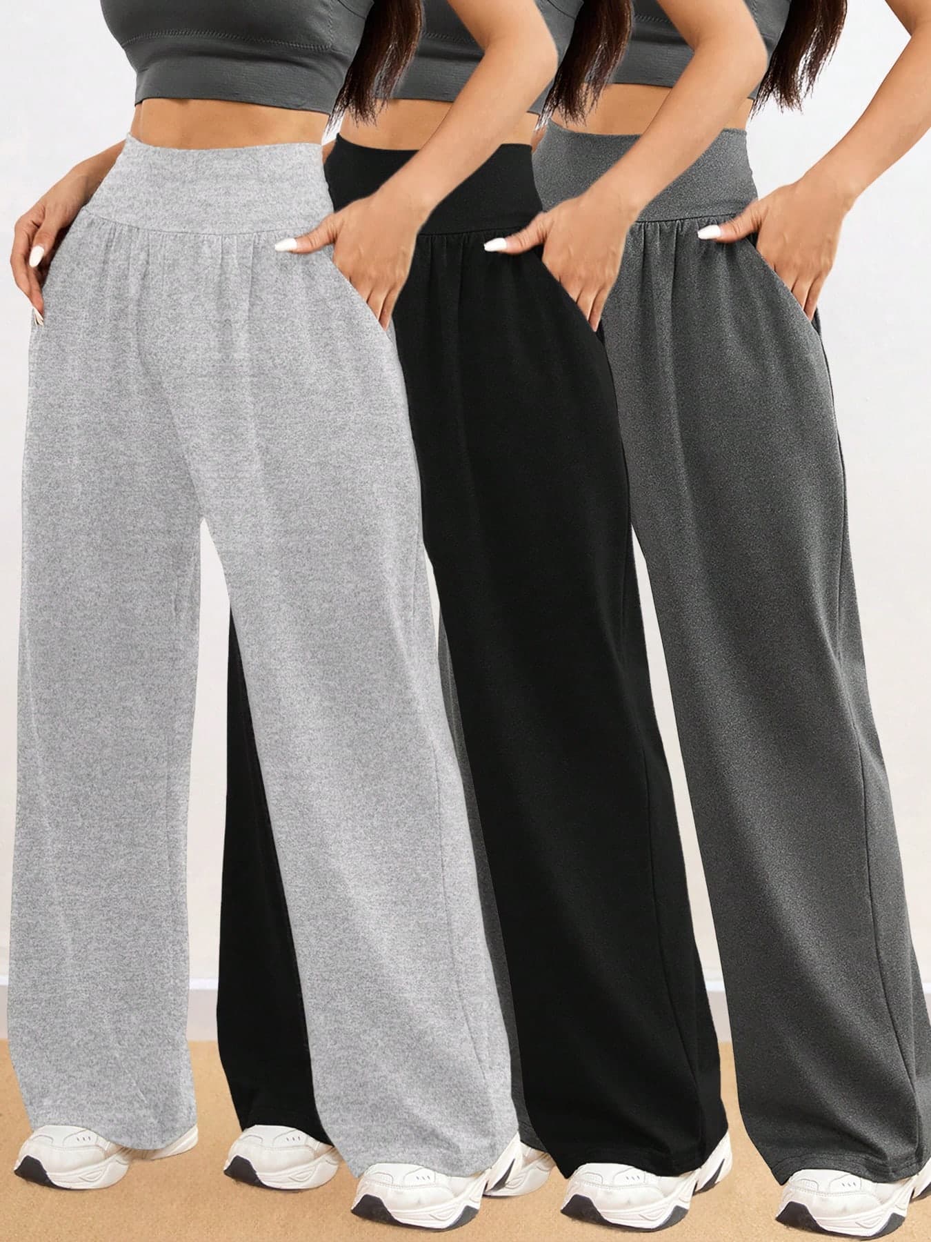 3pcs/Set Women's Standard Size Autumn/Winter Thin Loose Minimalist Versatile Indoor Fitness Outdoor Workout Running Casual High Waist Side Pocket Wide Leg Sports Long Pants