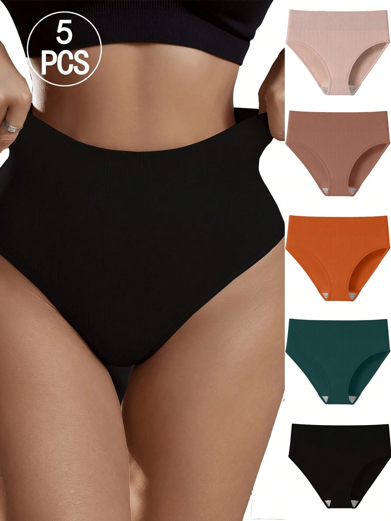 5PCS High Waist Tight Tummy Control Solid Color Seamless Triangle Panties, Minimalist Fashion, Suitable For Daily Wear Or Sports