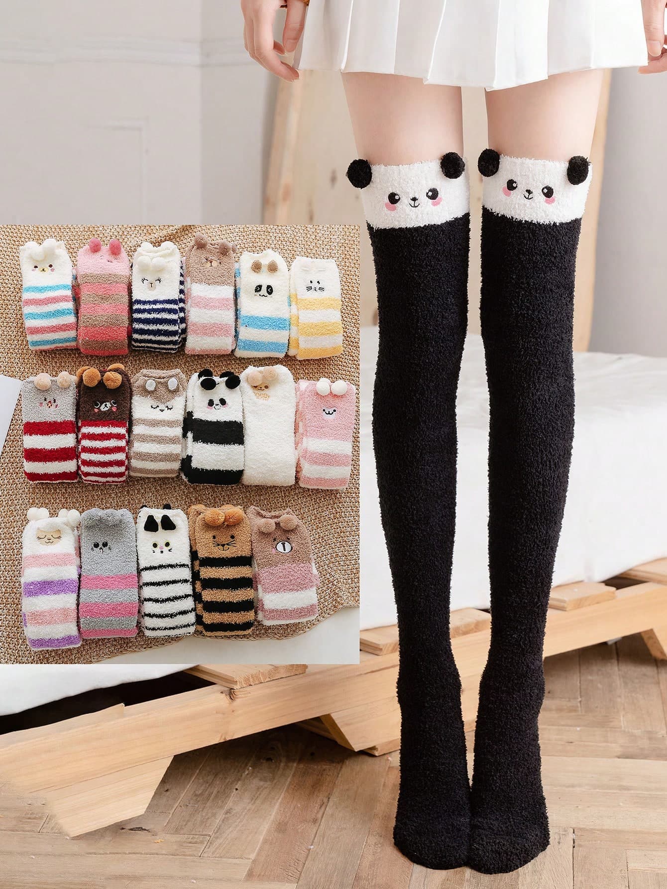 1 Pair Women's Black & White Embroidered Panda Coral Fleece Thigh High Socks, Plush Cute Cartoon Warm Socks, Cozy