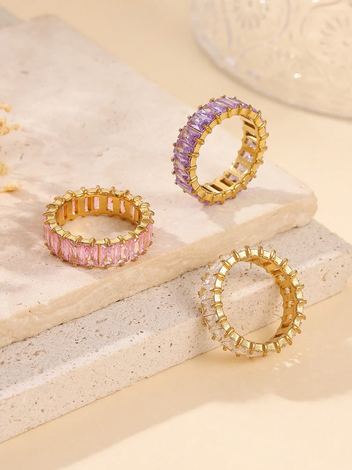 1pc Stainless Steel Gold-Tone Ring With Encrusted Pink, White, Purple Rectangular Rhinestones, Suitable For Women's Daily Decoration Or Gift