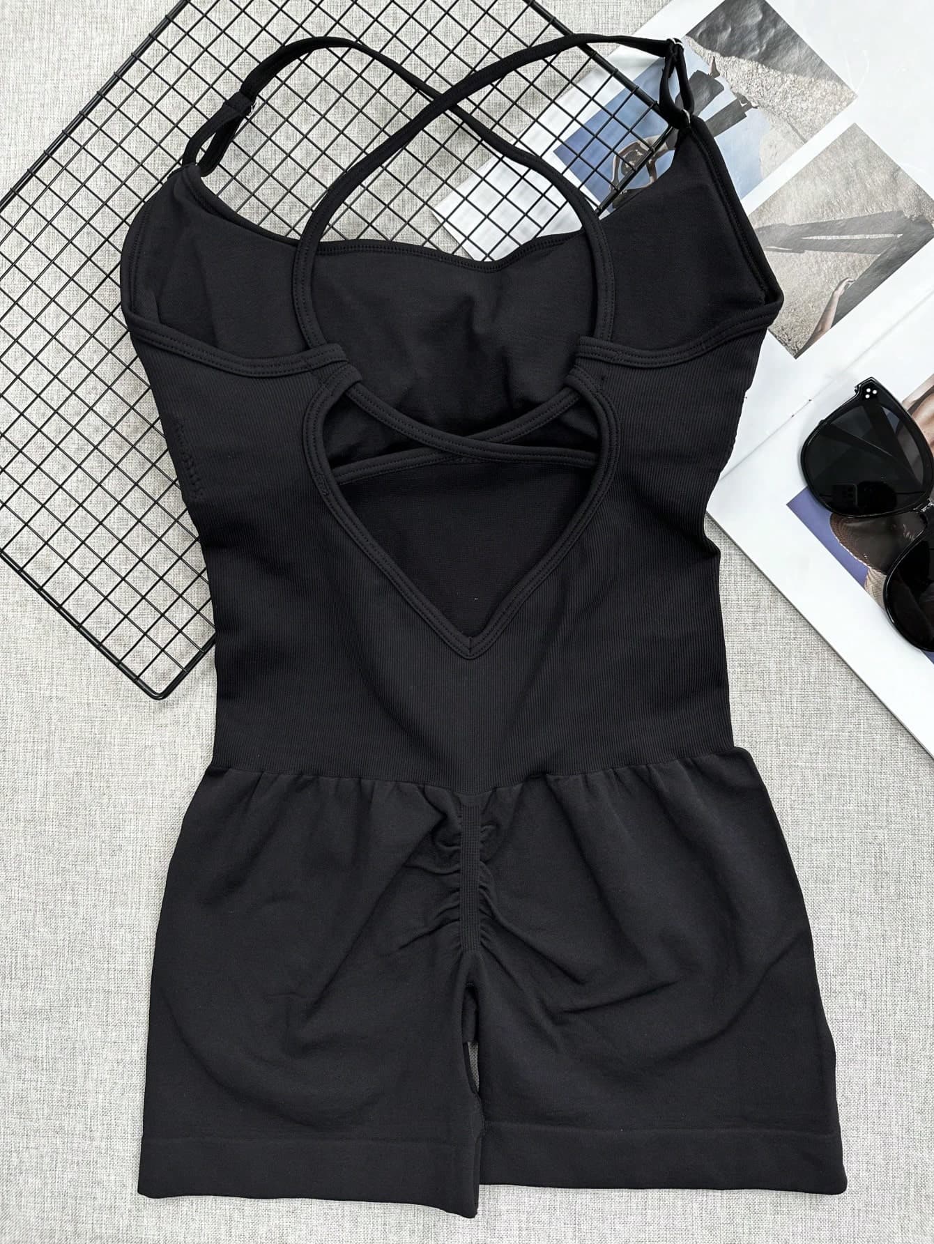 Sexy Fitness Jumpsuit, Women's Adjustable Criss-Cross Sports Jumpsuit, Running Yoga Jumpsuit, Ruched Shorts, Backless Set, Jumpsuit