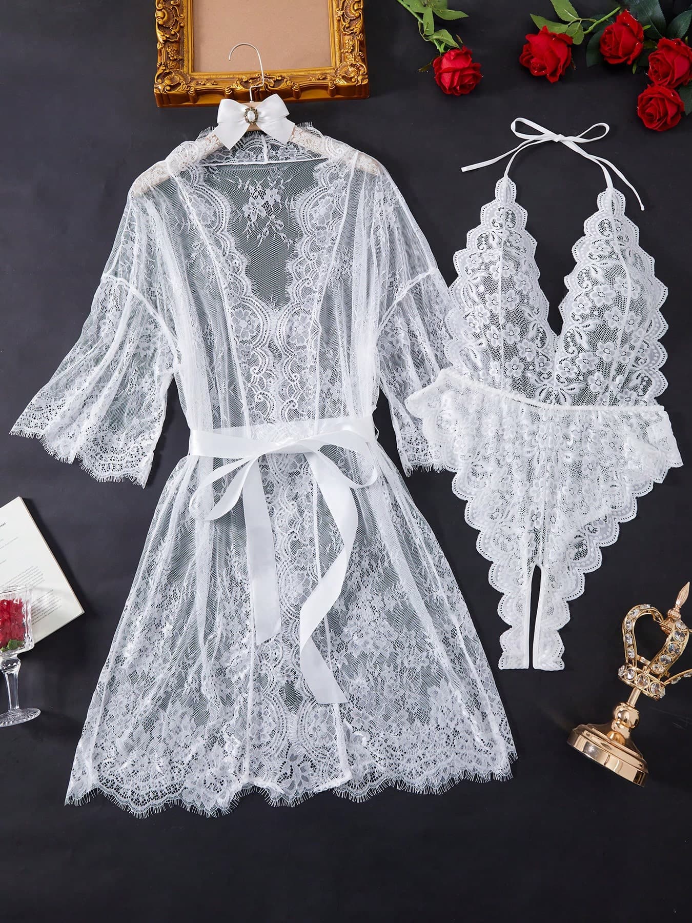 Plus Size Lace & Sexy Bodysuit Combination, Perfect Sleepwear Set