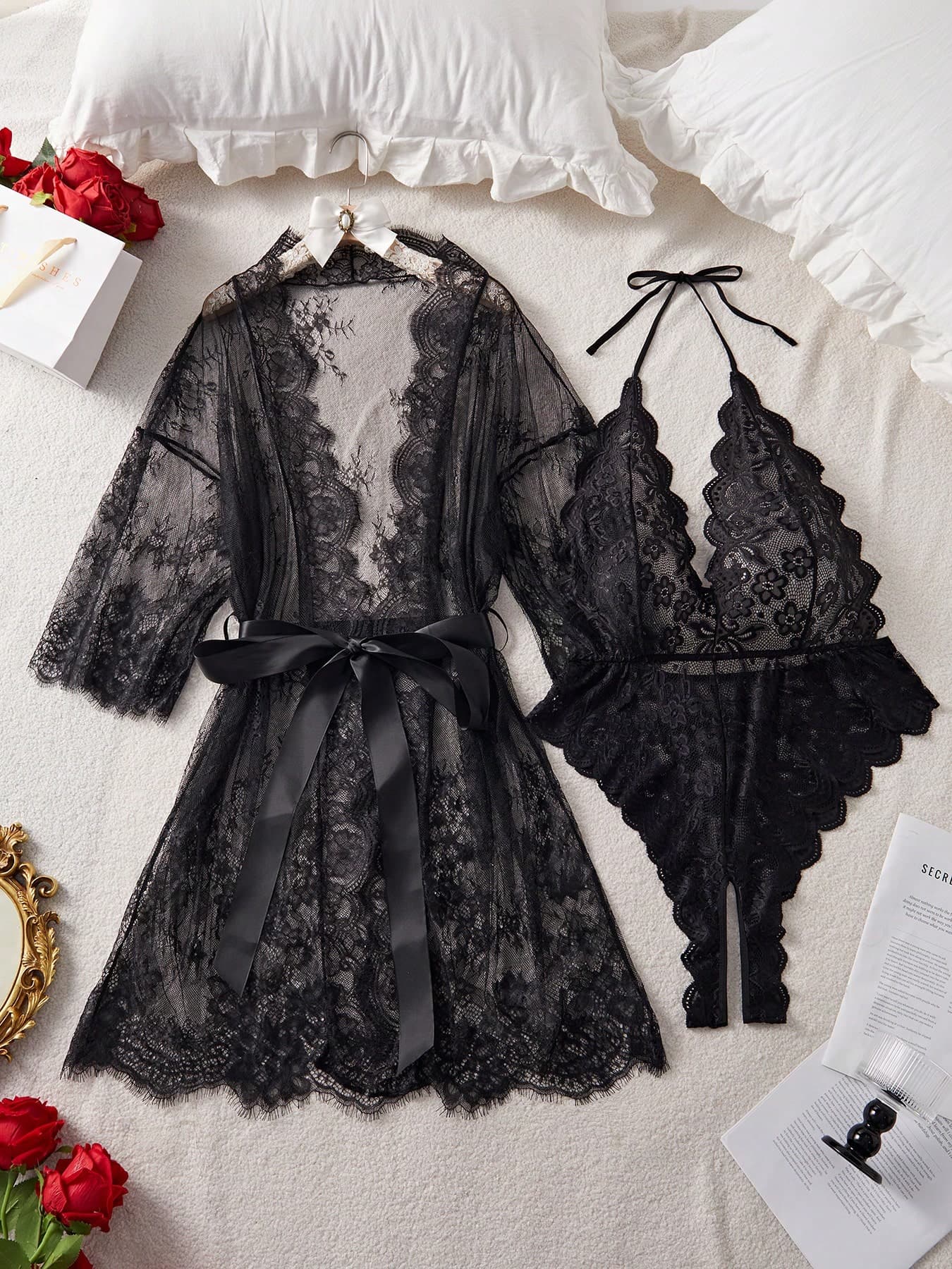 Plus Size Lace & Sexy Bodysuit Combination, Perfect Sleepwear Set