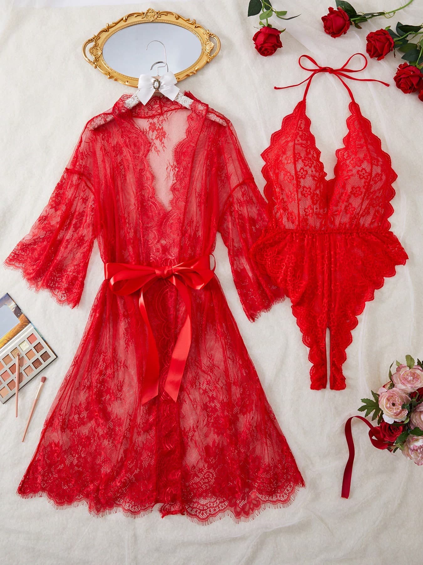 Plus Size Lace & Sexy Bodysuit Combination, Perfect Sleepwear Set