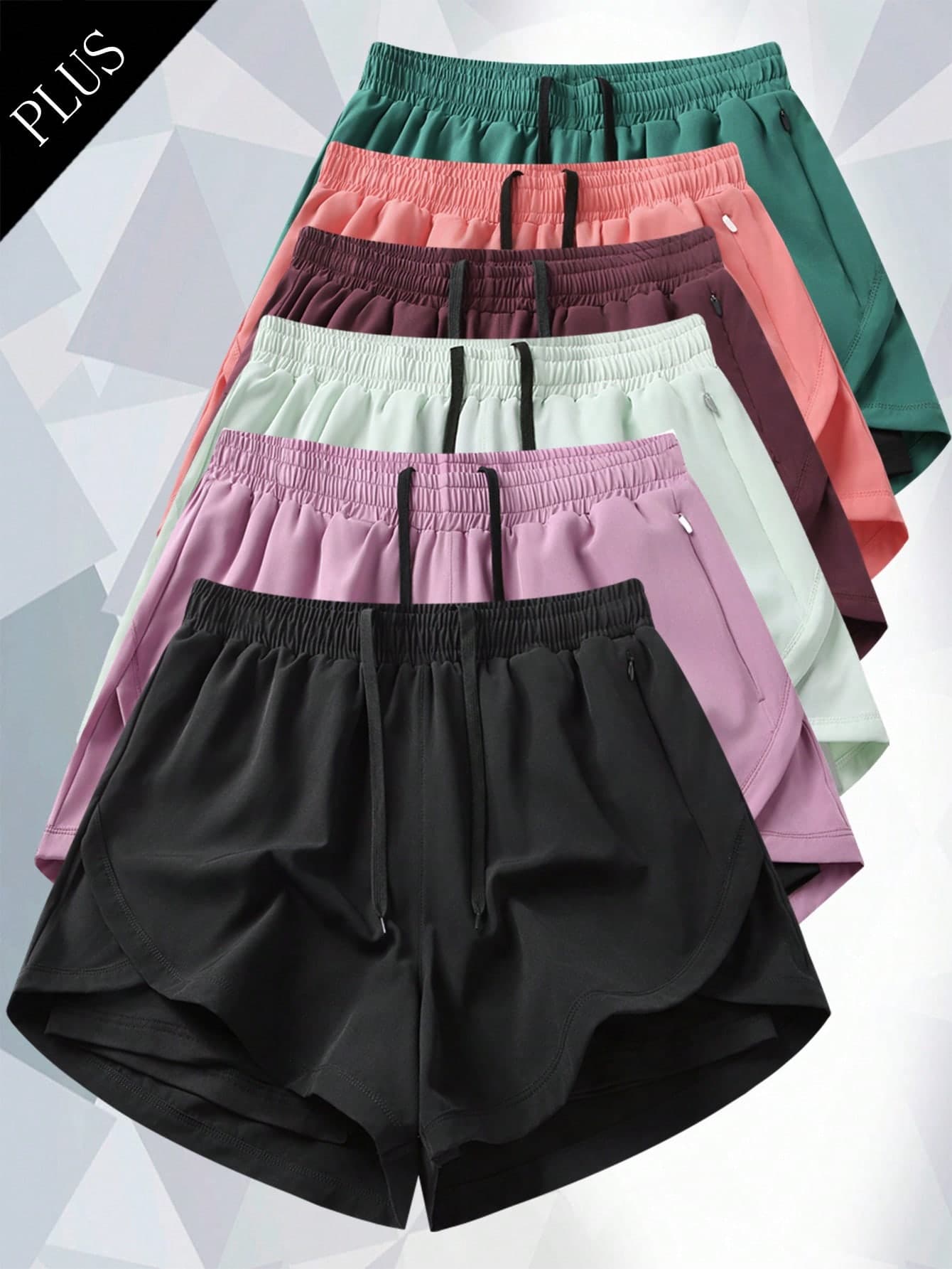 1pc Plus Size Women's Shorts, 2in1 Solid Color Lining 2 In 1 Sports Pants, Elastic Waist Two Pieces Set, Suitable For Running, Sports, Yoga, Fitness In Summer Black