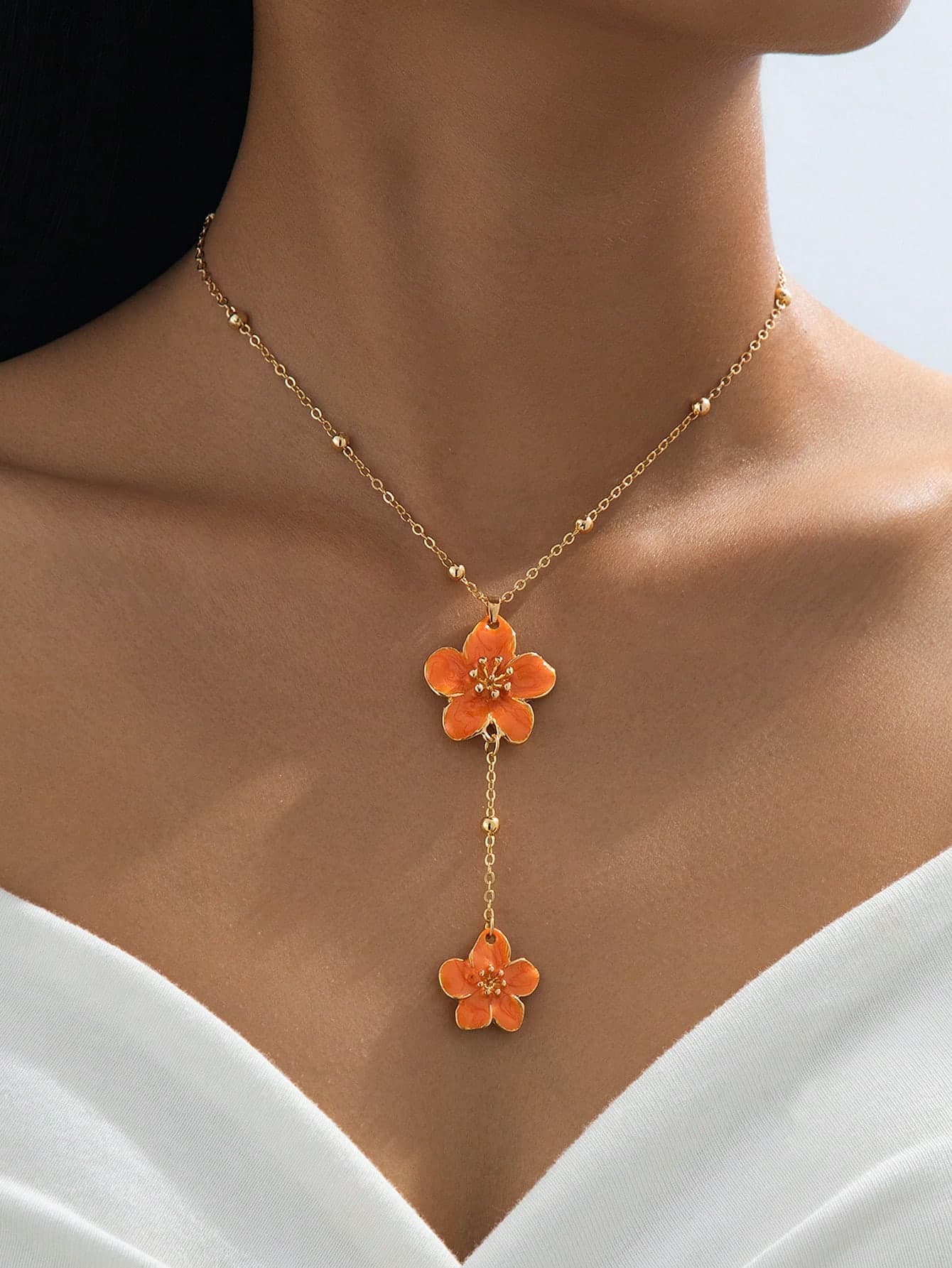 1pc Handmade Elegant Orange Layered 5-Petal Flower Pendant Necklace For Women