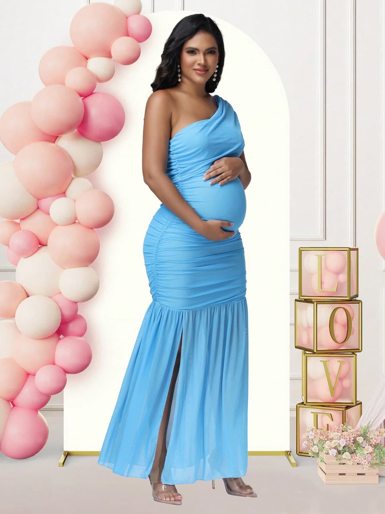 JustVH Maternity Elegant One Shoulder Ruched Side Split Hem Pregnant Summer Dress For Baby Shower, Party, Photoshoot