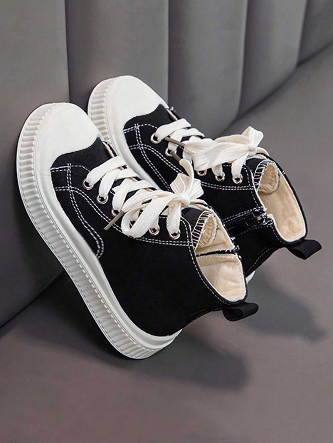 Children's Sports Shoes For Outdoor & Indoor, Boys & Girls Black Sneakers, Suitable For Spring, Summer, Autumn & Winter, Breathable Anti-Slip Zipper Design Canvas Shoes For School & Students