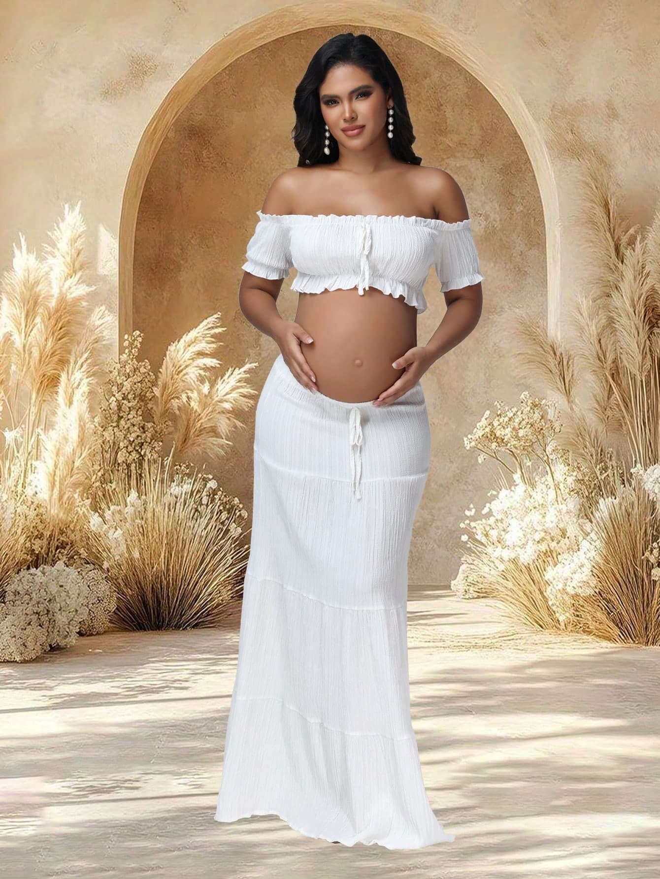 JustVH 2pcs/Set Maternity Off-Shoulder Ruffle Hem Crop Top And Flowing Maxi Skirt Set, Suitable For Photography And Beach Wear Spring White