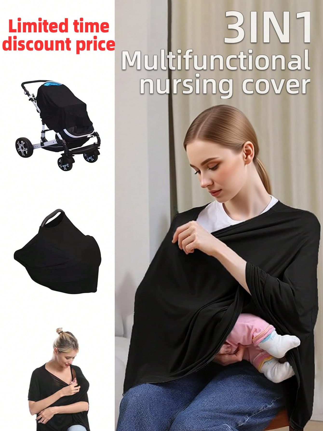 Striped Nursing Cover Scarf, Baby Car Seat Cover, Fashionable Breastfeeding Towel And Nursing Shawl For Privacy- Black, Grey