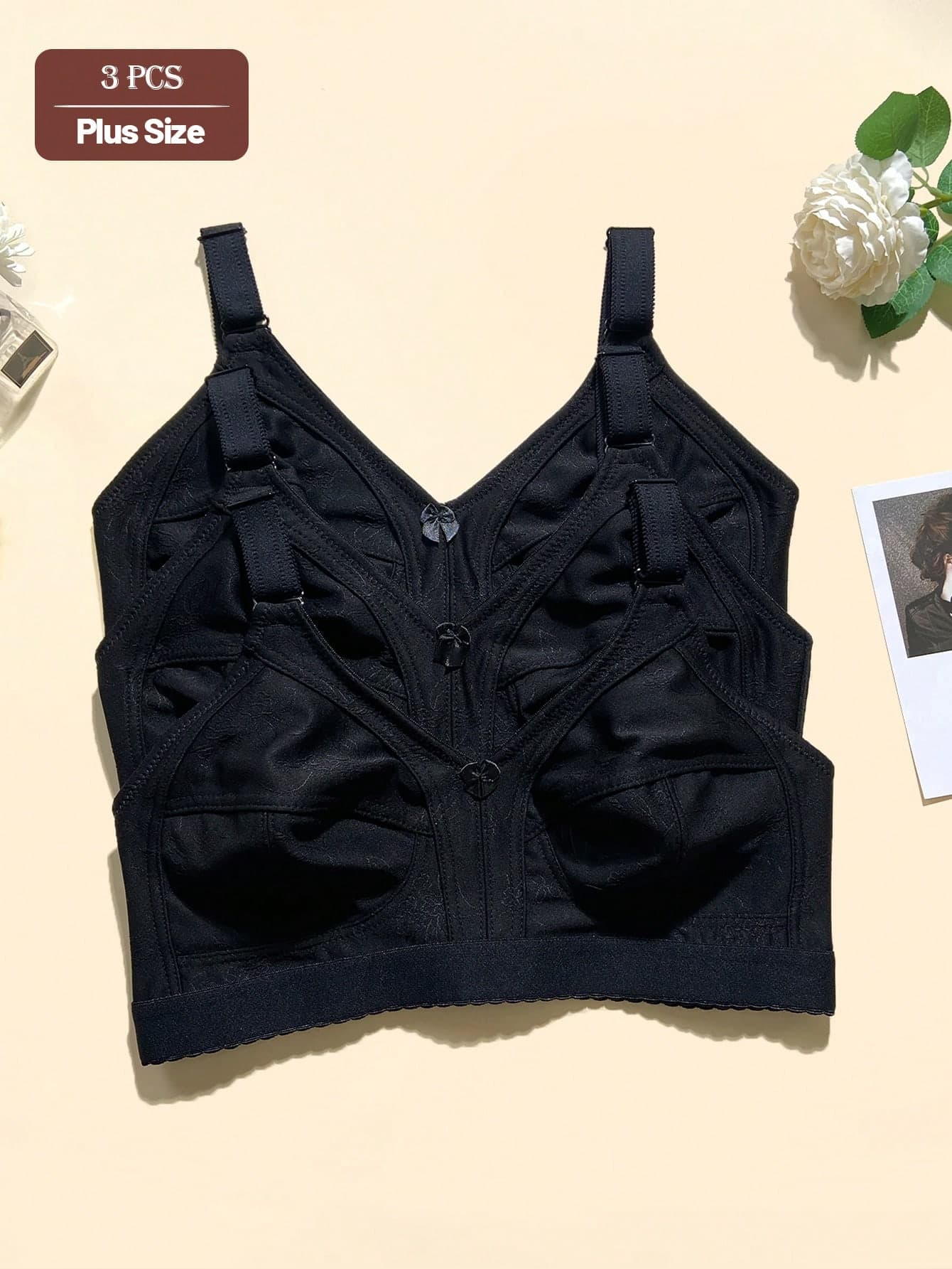 3pcs Floral Print Casual - Comfortable Minimalist Casual - Sports Casual - Regular Casual Knit Fabric Banded Plus Size Women Bras