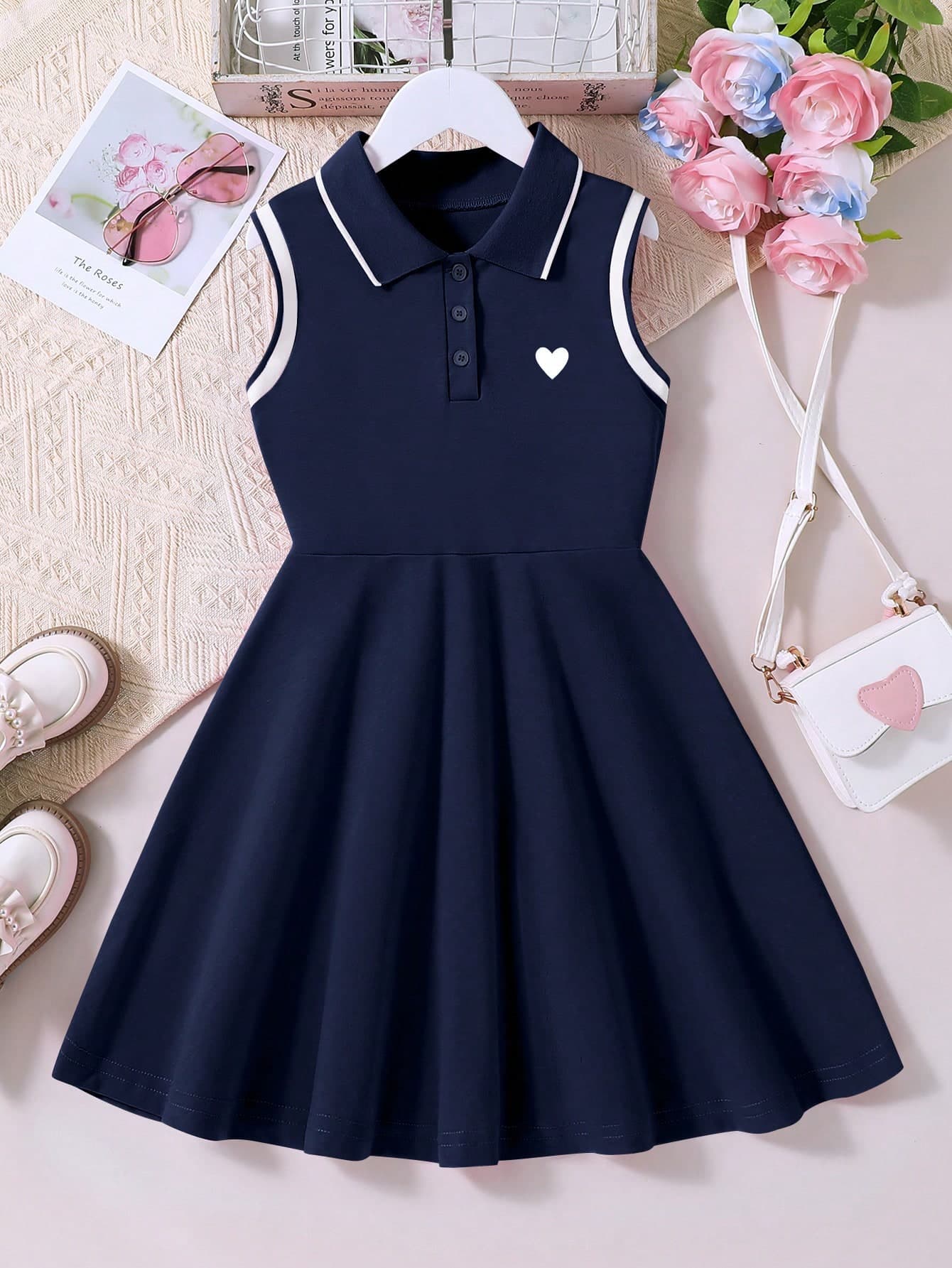 Tween Girls' Solid Color Splice Front Button Sleeveless Casual Shift Dress