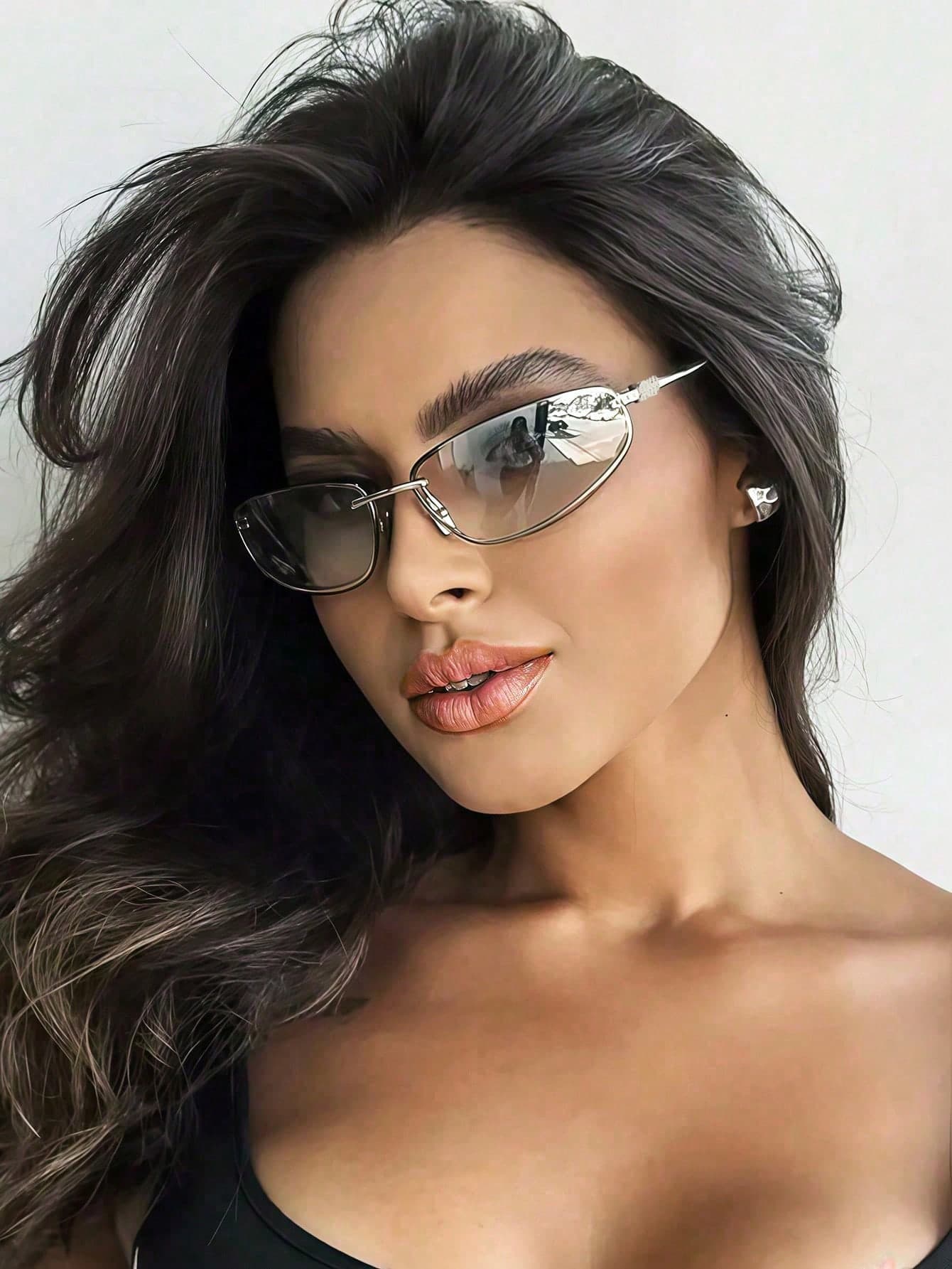 1pc 2025 New Oval Frameless Y2K Fashion Glasses, Retro High-End European And American Style Glasses For Women Wraparound Shape Shades