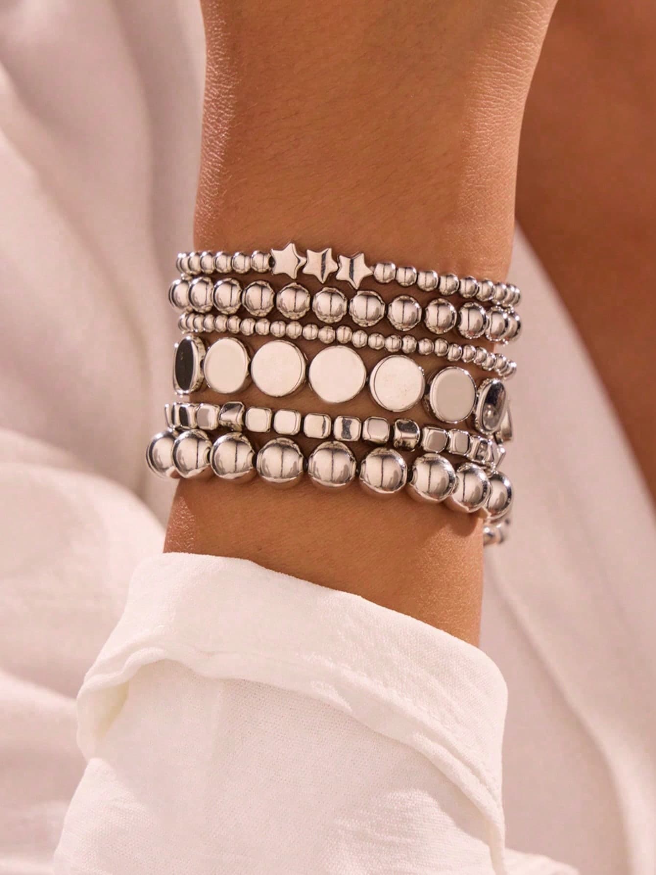 6pcs/Set Retro Minimalist & Versatile Geometric CCB Bead Elastic Cord Stacked Bracelet, Suitable For Women Daily Commuting Outfits