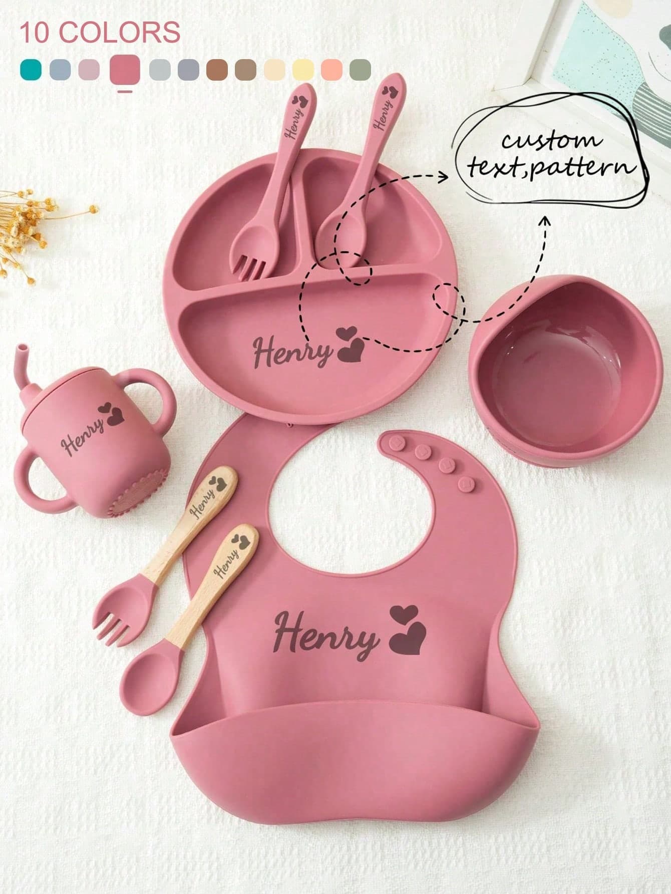 8PCS Print On Demand Name Pattern Baby Silicone Tableware Set Personalized Customization Suction Bowl Plate Baby Cup Baby Bib Soft Spoons Forks