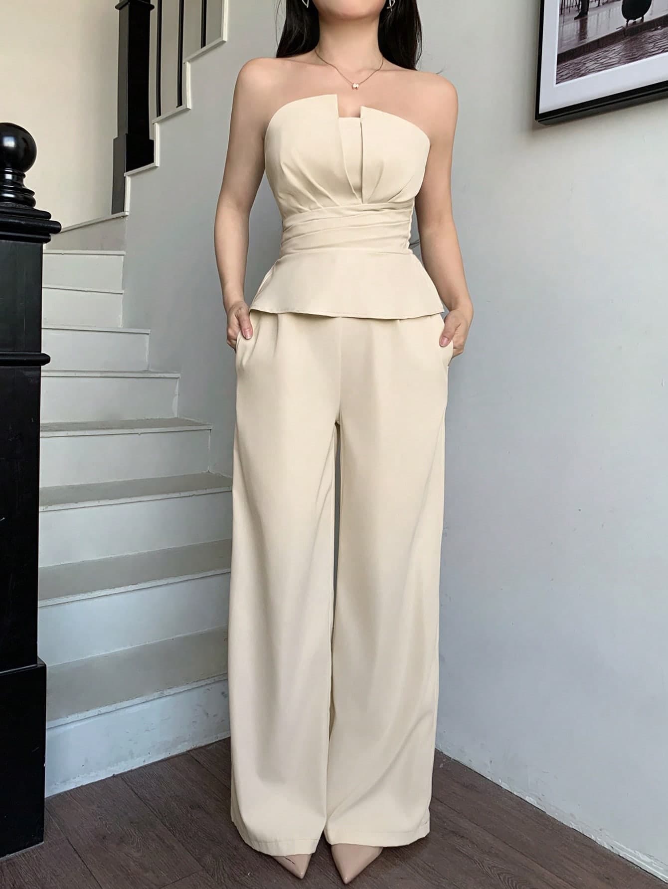 abyoxi 2pcs Set: Solid Color Ruffle Hem Crop Top Paired With Wide Leg Pants, Fashionable And Elegant, Suitable For Office, Commute, Retro, Social Occasions, Parties, Dates, Valentine's Day, Spring/Summer