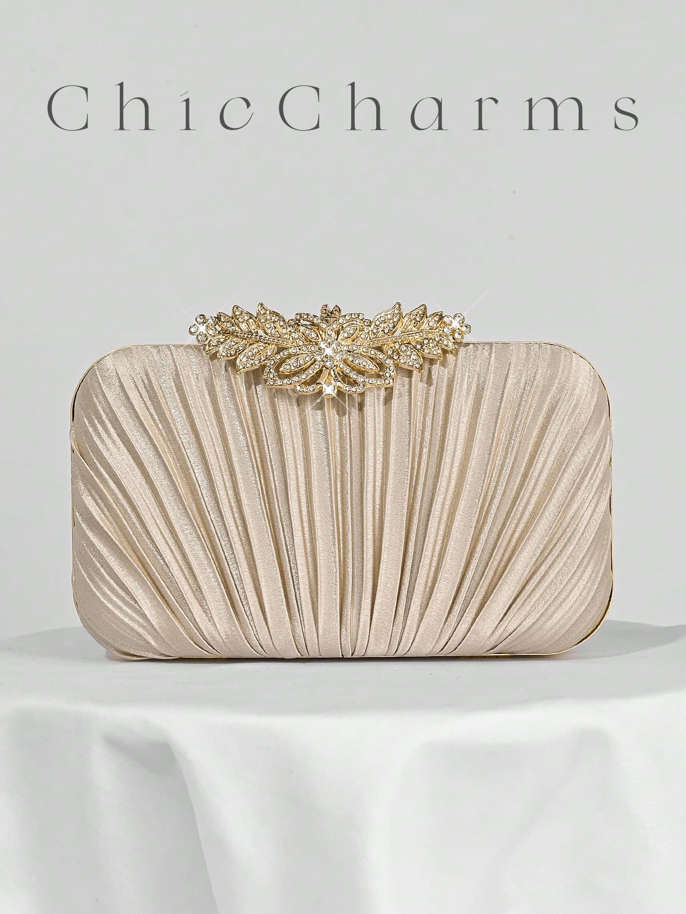 Women's Elegant/Luxurious Pleated Satin Box Clutch Bag, Charming/Exquisite Evening Dress Purse, Apricot Color Evening Bag, Women's Clutch Bag With Rhinestones, Suitable For Party Girls, Ladies, Brides, Perfect For Party, Wedding, Prom, Dinner/Banquet, Matching, Perfect For Wedding Gown, Women's Formal Dress, Prom Dress, Birthday Dress Handbag, Comes With Chain