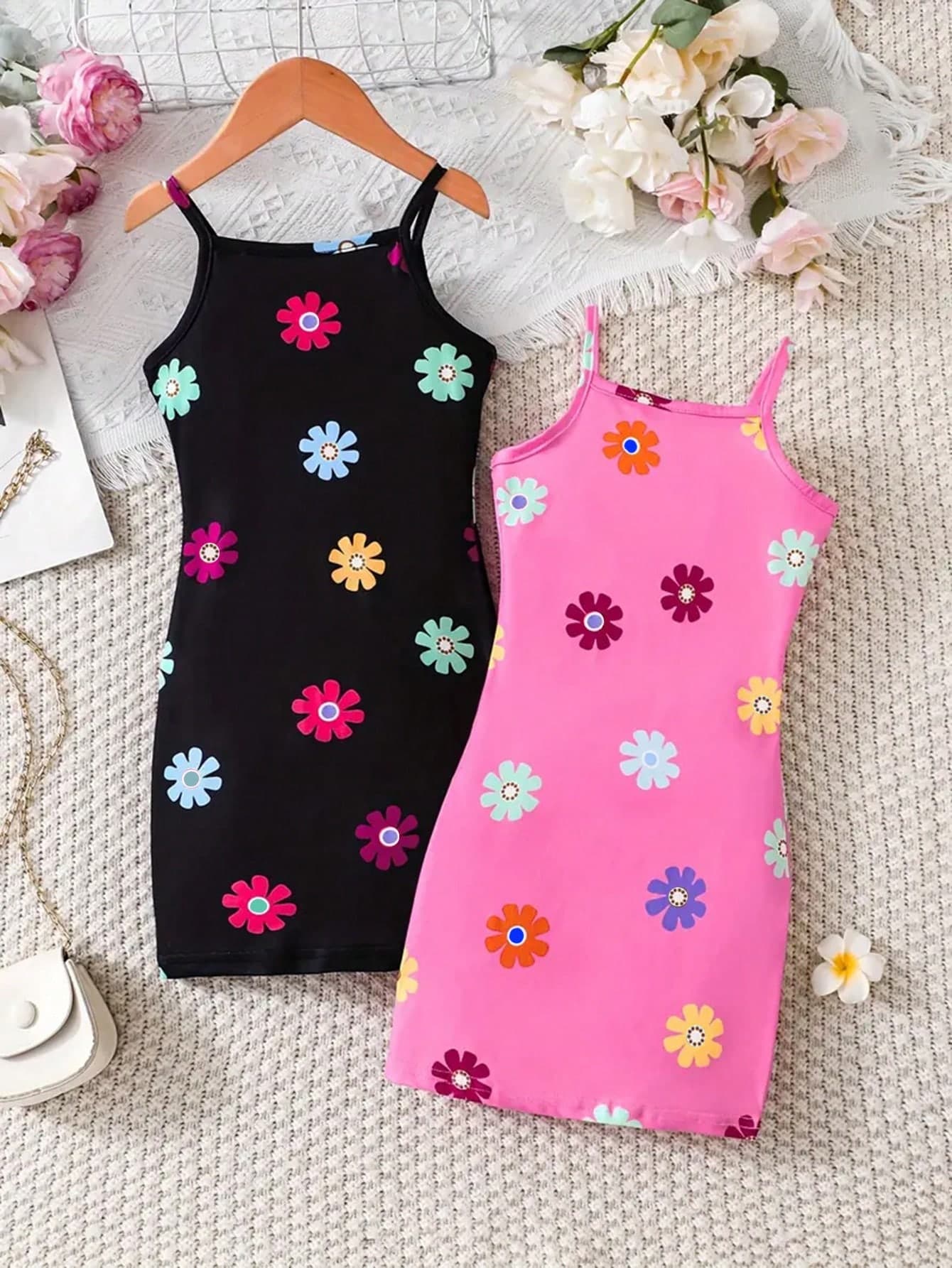 2pcs Girls Comfortable Knit Printed Fitted Dress With Spaghetti Straps