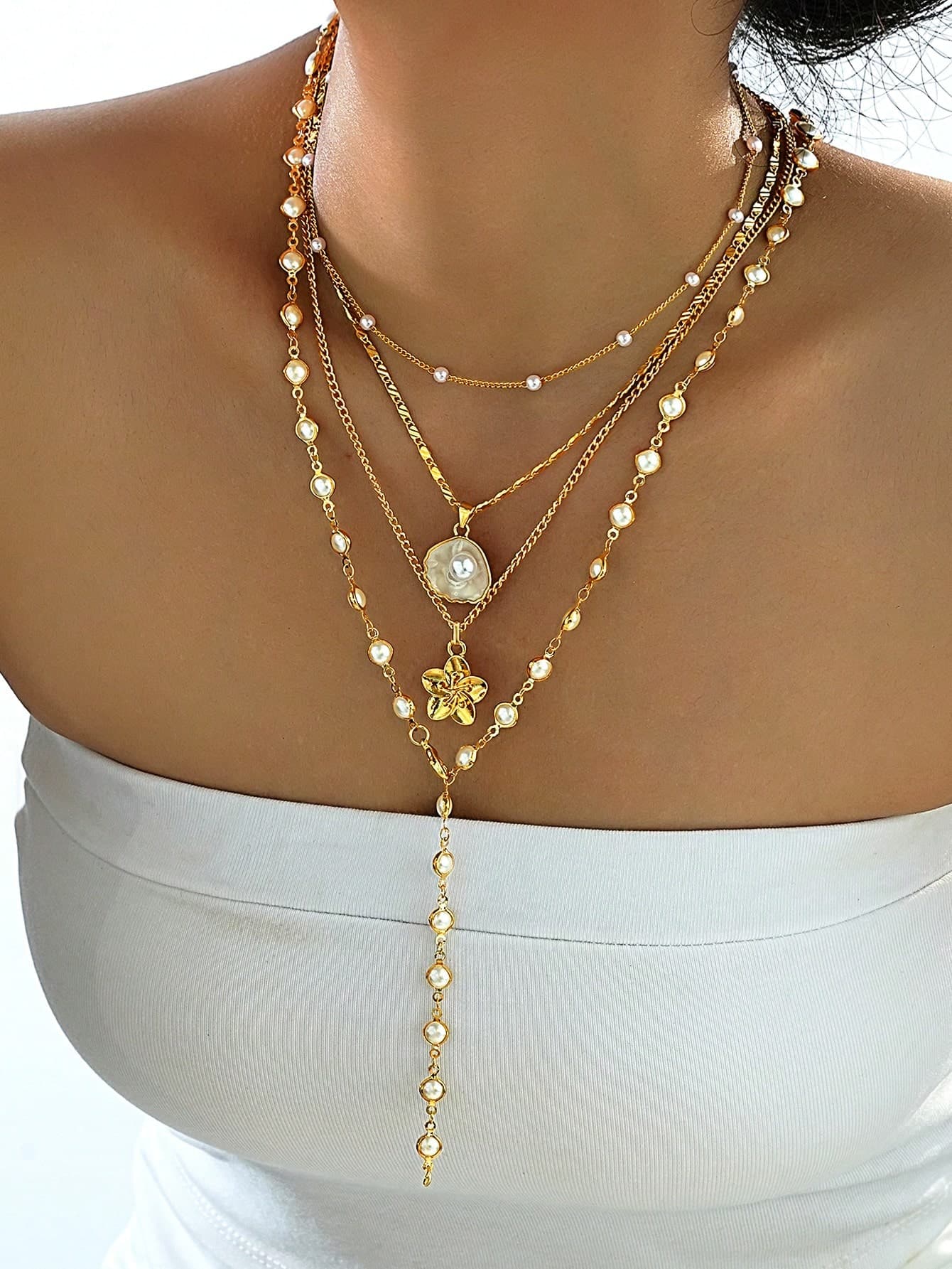 4pcs Fashionable Minimalist Bohemian Shell Flower & Faux Pearl Y-Necklace Set, Versatile For Vacation, Date, Party, Gift, Daily Wear