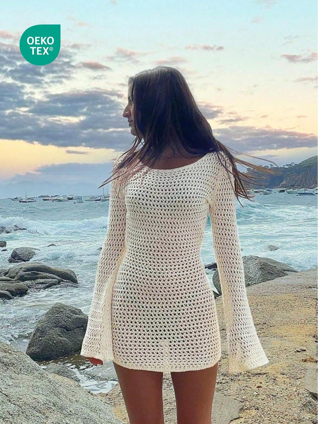 Women's Solid Color Sexy Hollow-Out See-Through Backless Long Sleeve Cover Up, Short Beach Dress, Spring/Summer Vacation