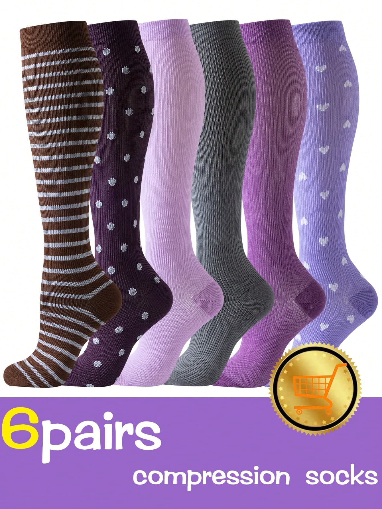 6 Pairs Nurse Compression Socks Knee High Compression Stockings For Men Women Breathable High Elastic Calf Socks For Running Cycling Sport Running