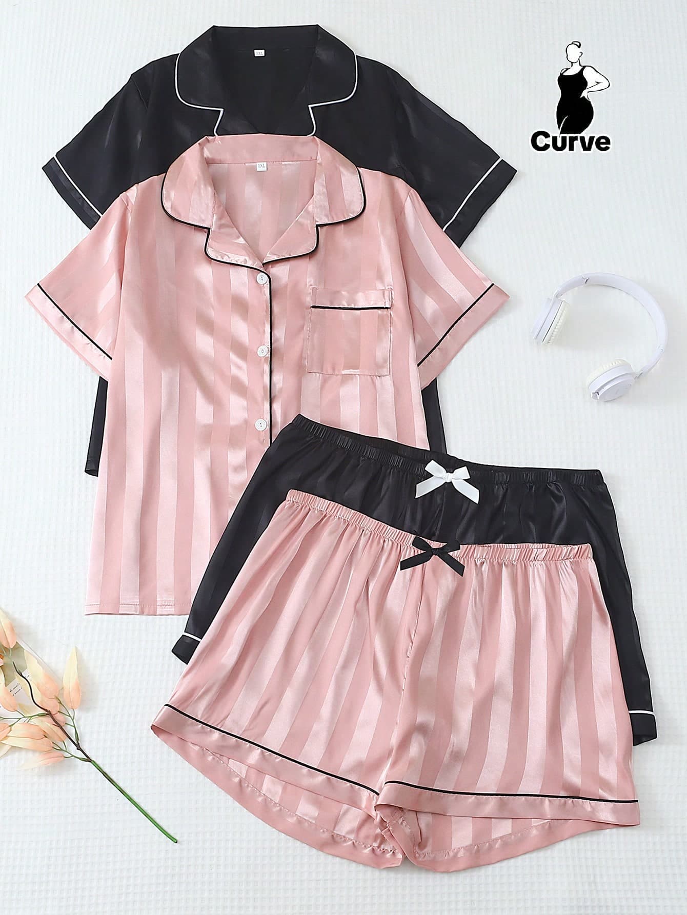 2pcs Women's Plus Size Spring/Summer Satin Striped Short Sleeve Collared Top And Bow Shorts Pajama Set