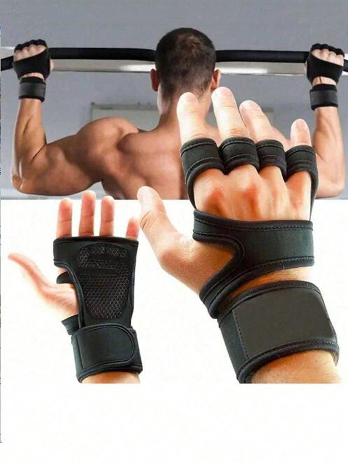 1 Pair Fingerless Gloves, Half-Finger Fitness Gloves- Superior Protection & Comfort For Men & Women, Ideal For Weightlifting & Fitness Training, Black With Adjustable Wrist Strap, Breathable Polyester Mesh, Gym Accessories